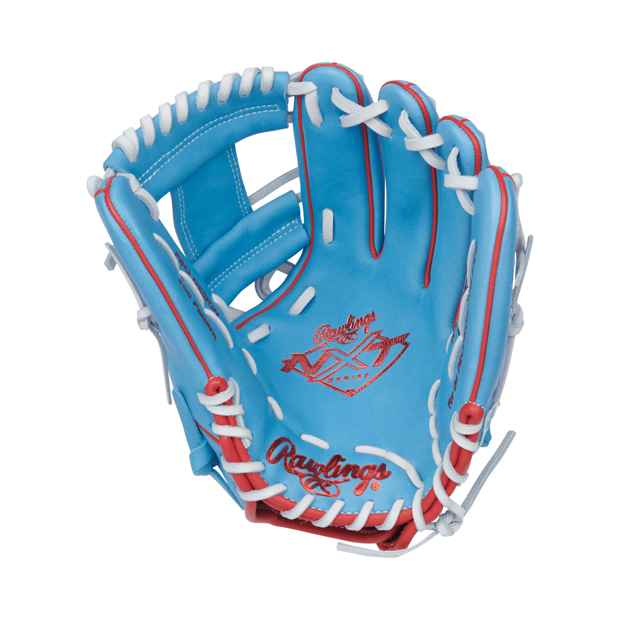 Palm view of the Rawlings NXT infield glove showing deep pocket, Pro-Soft leather, and detailed Columbia Blue and Scarlet finish.