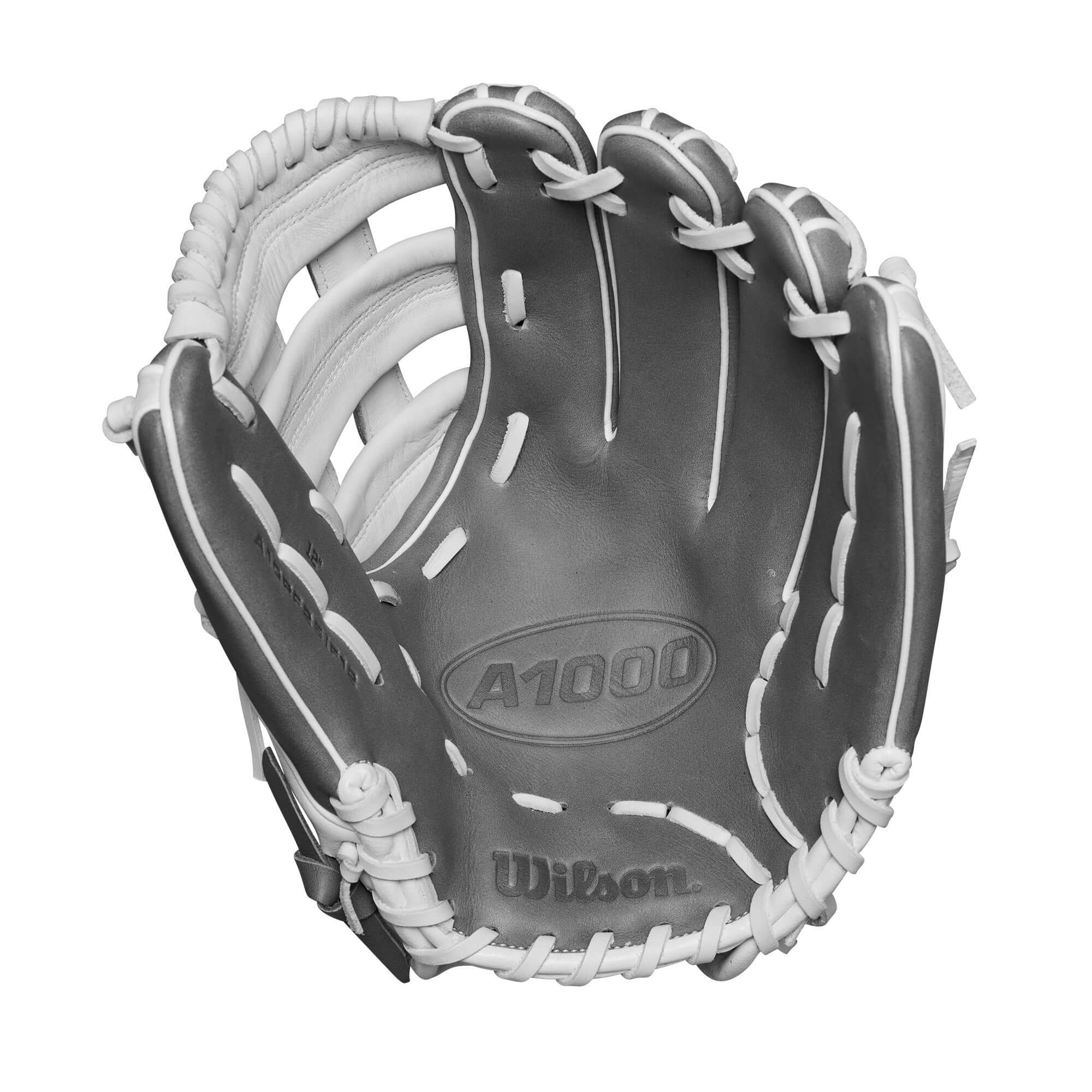 Wilson A1000 FP IF12 12" fastpitch softball glove in white and grey, ideal for infield players.