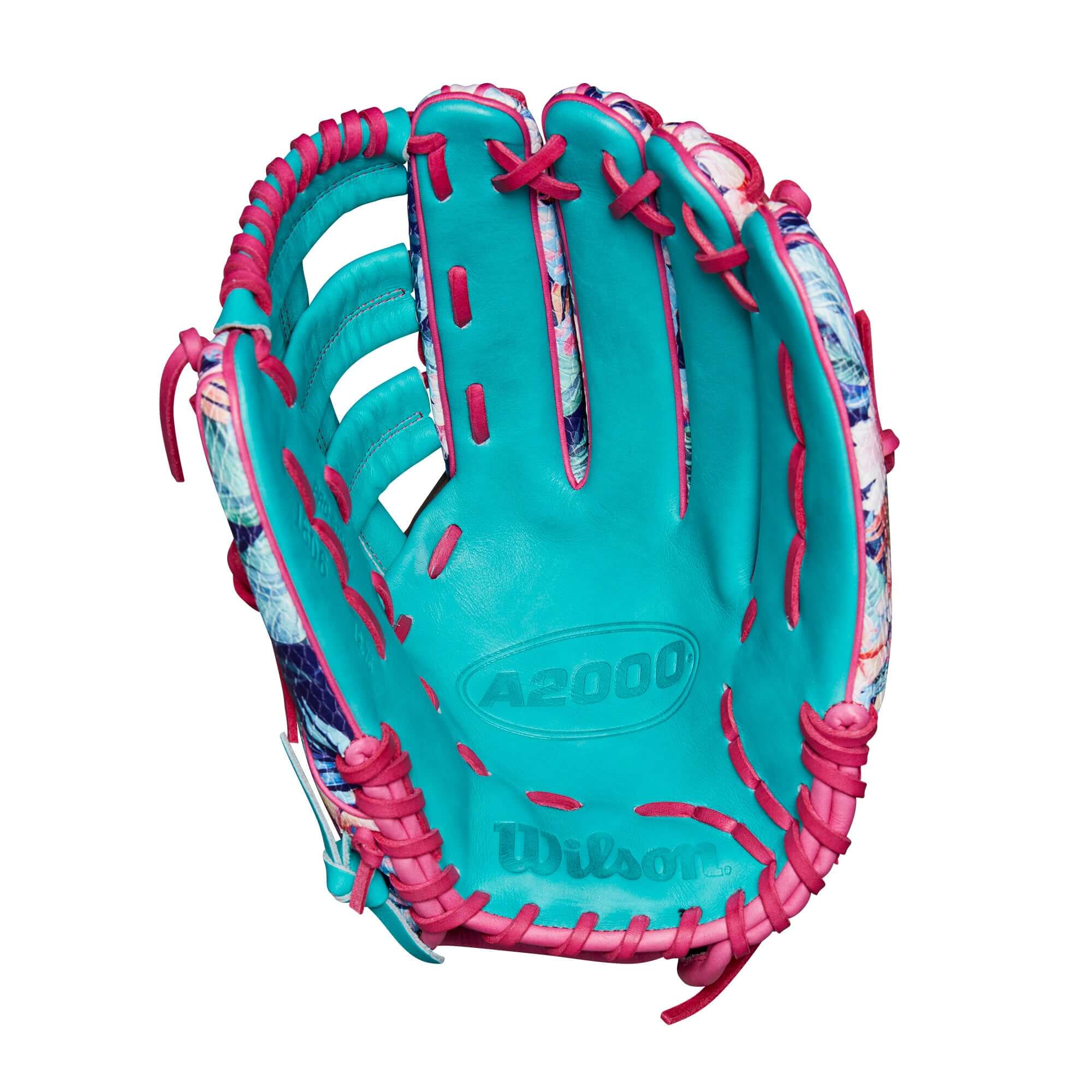 Wilson A2000 Randy Arozarena 12.75" glove with teal and floral design, ideal for outfield catches.