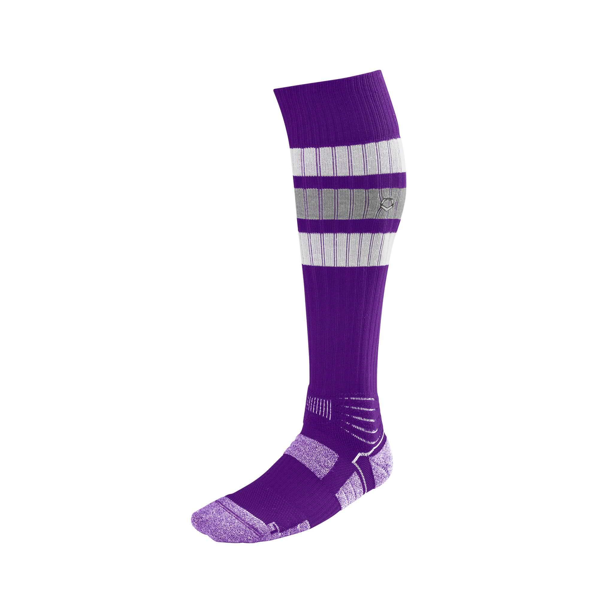Evoshield PRO-SRZ Striped Game Sock in purple with grey stripes, featuring cushioning and arch support for comfort and performance.