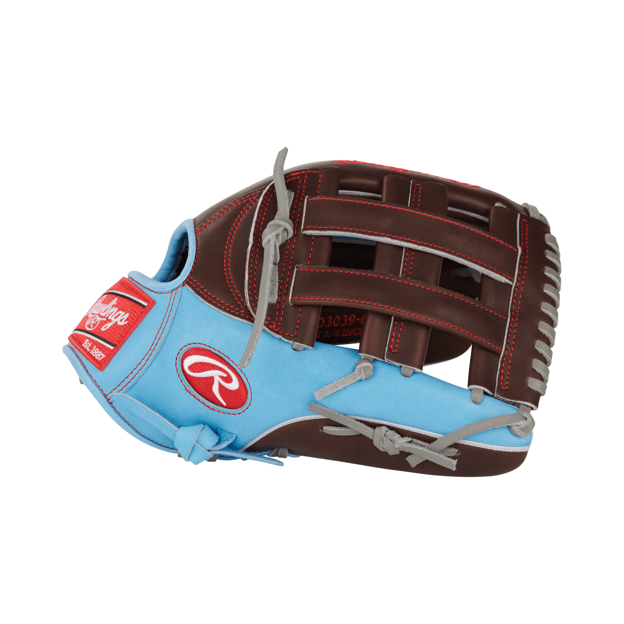 Rawlings Heart of the Hide 12.75-inch right-hand outfield glove in blue and brown leather with Pro-H web design.
