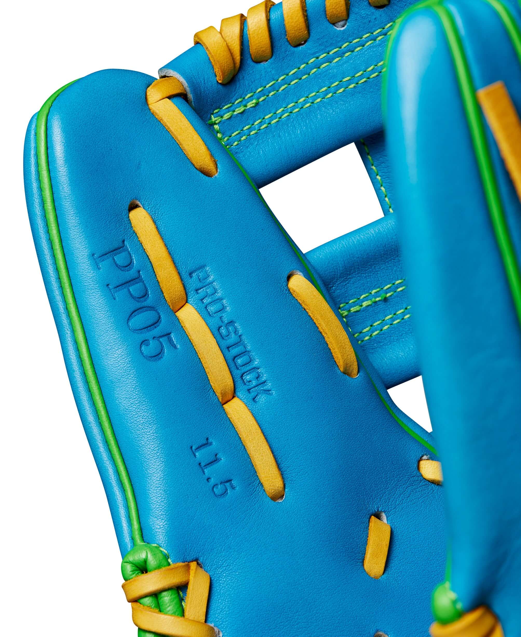 Close-up of Wilson A2000 PP05 glove in Sky Blue/Opt, highlighting 11.5-inch size and pro-stock quality.