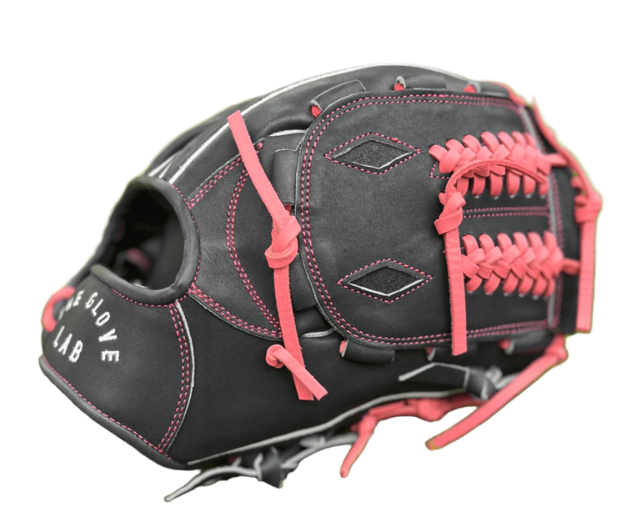 The Glove Lab 12" closed web pitcher's glove in navy/pink for ultimate ball concealment.