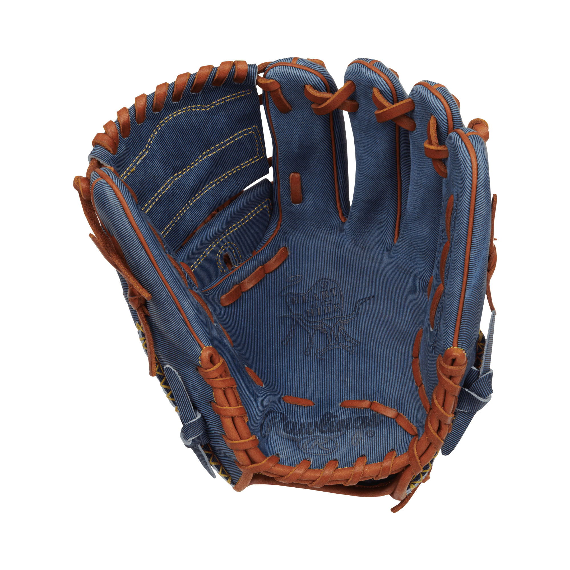 Rawlings Heart of the Hide Denim Edition Pitcher Glove 11.75" RHT with denim finish and brown stitching.
