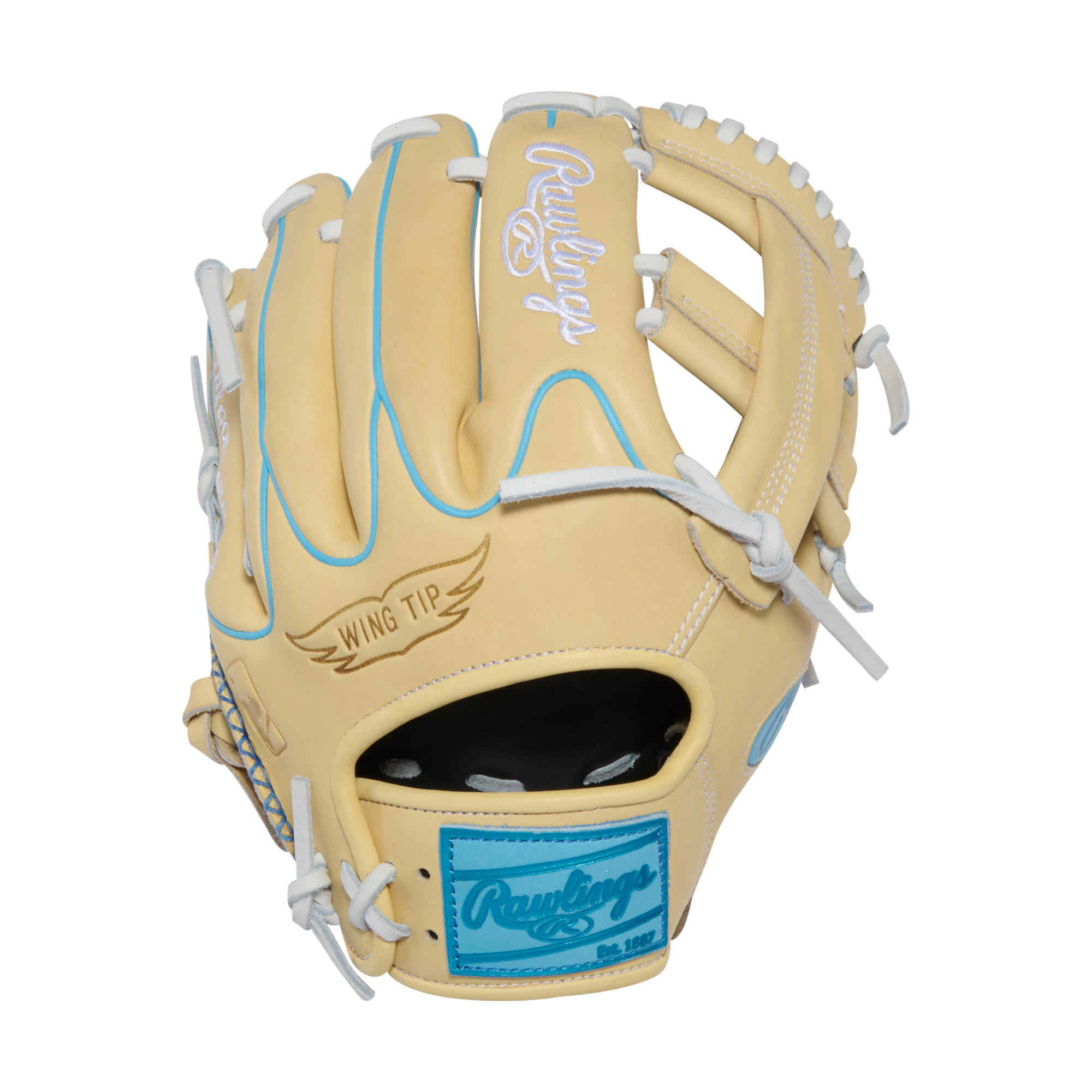 Rawlings PROR204W-1CCB Baseball Glove back view with Columbia blue handsewn welt