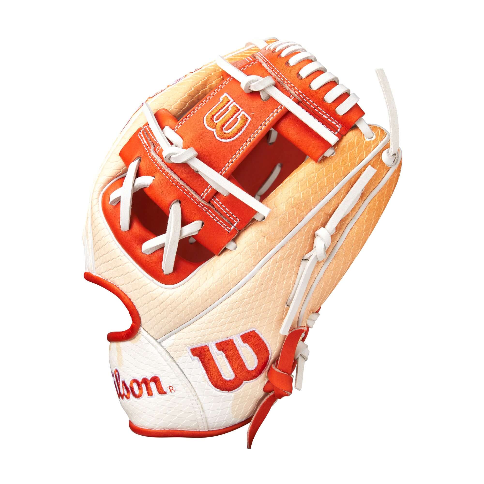 Wilson Glove of the Month June 2025 A2000 1975SS infield baseball glove in citrus color scheme.