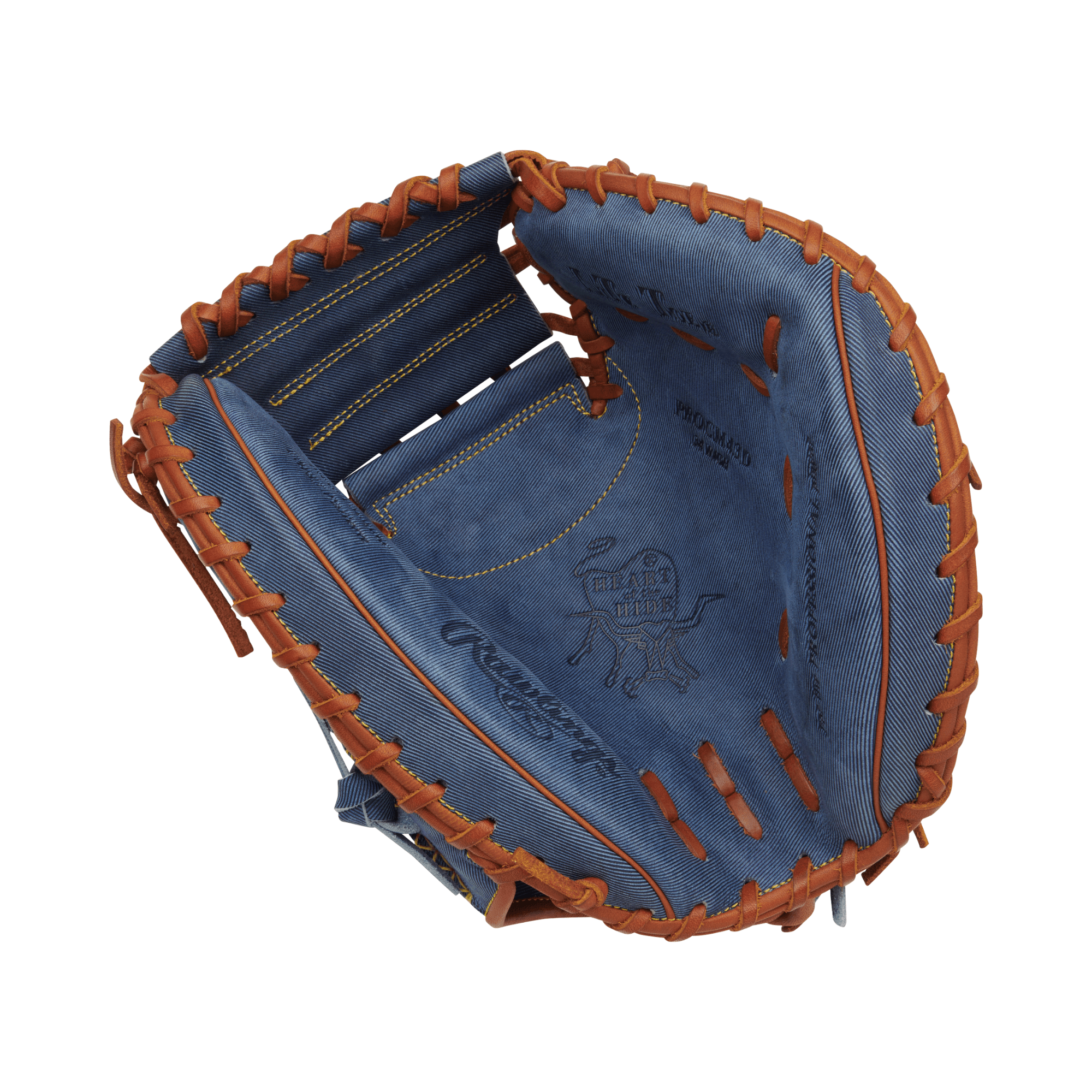 Rawlings Heart of the Hide Pro Label Denim Edition Catchers Mitt interior view, showcasing denim-like finish and brown stitching.