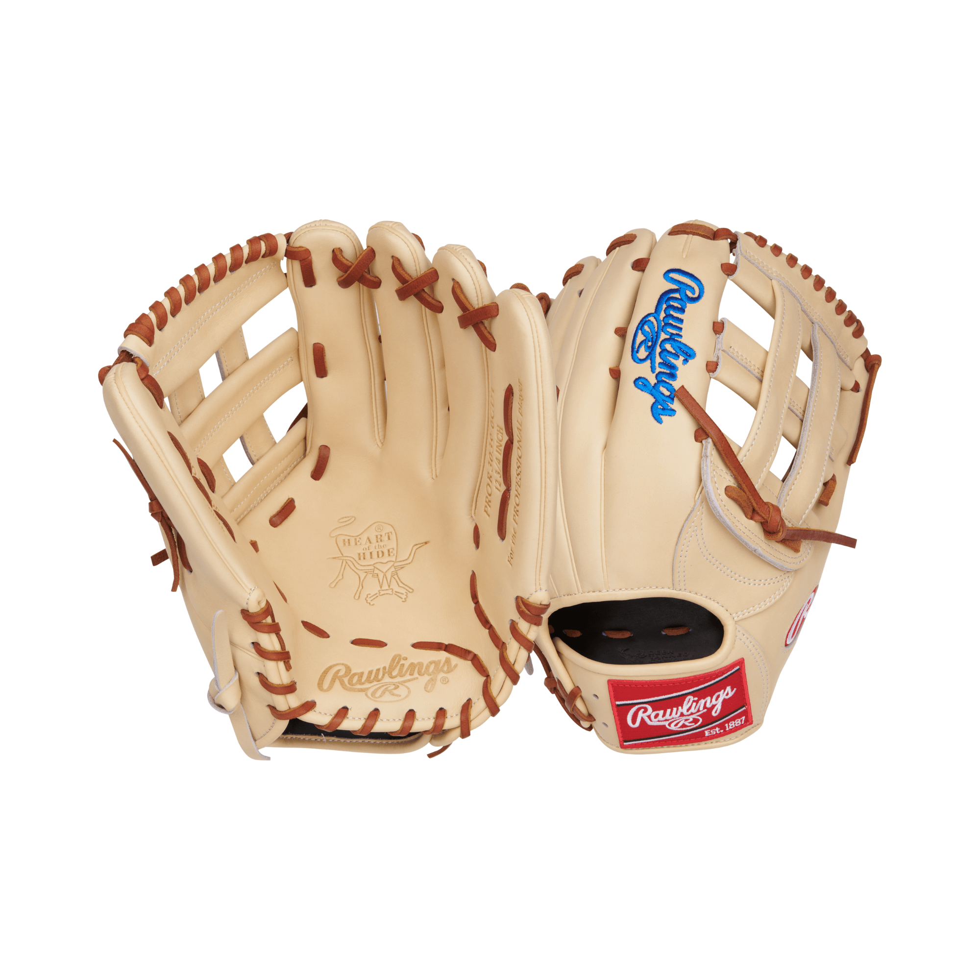 Rawlings Heart of the Hide 12.75" RHT outfield glove featuring camel leather and scarlet red patch.