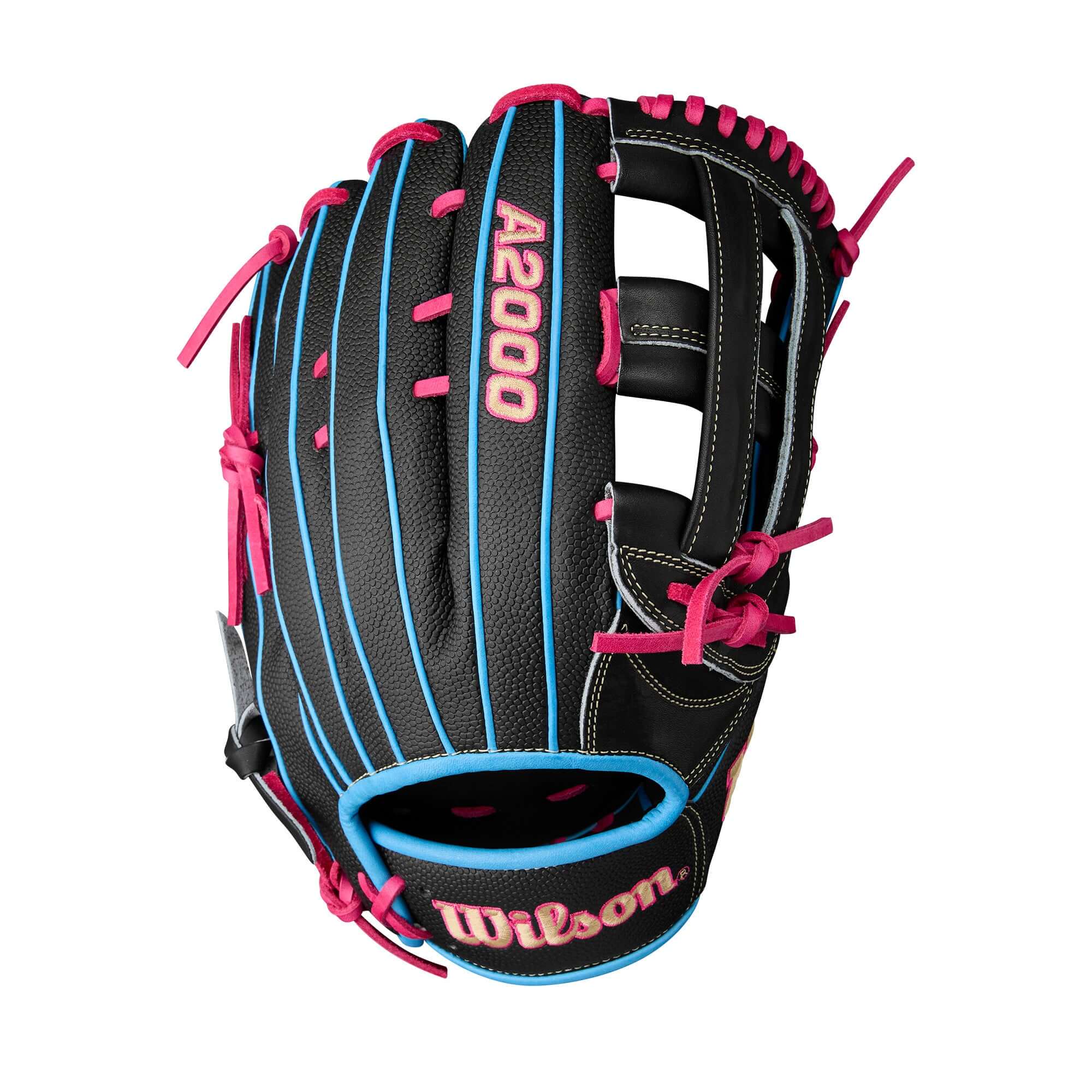Wilson A2000 1777SS Outfield Baseball Glove in black with pink and blue accents, perfect for outfielders.