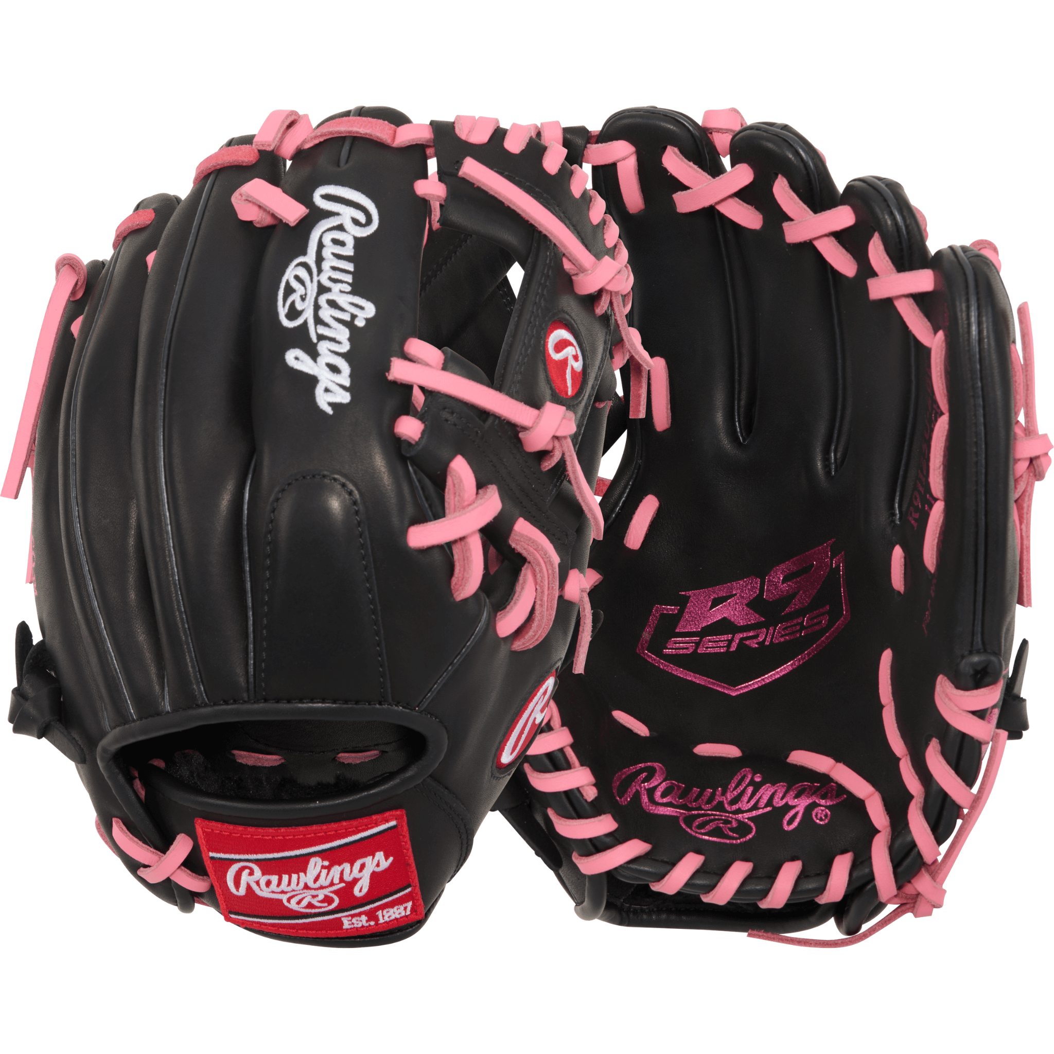 Rawlings R9 Contour Series 11.25" baseball glove in black and pink, designed for infield agility and style.