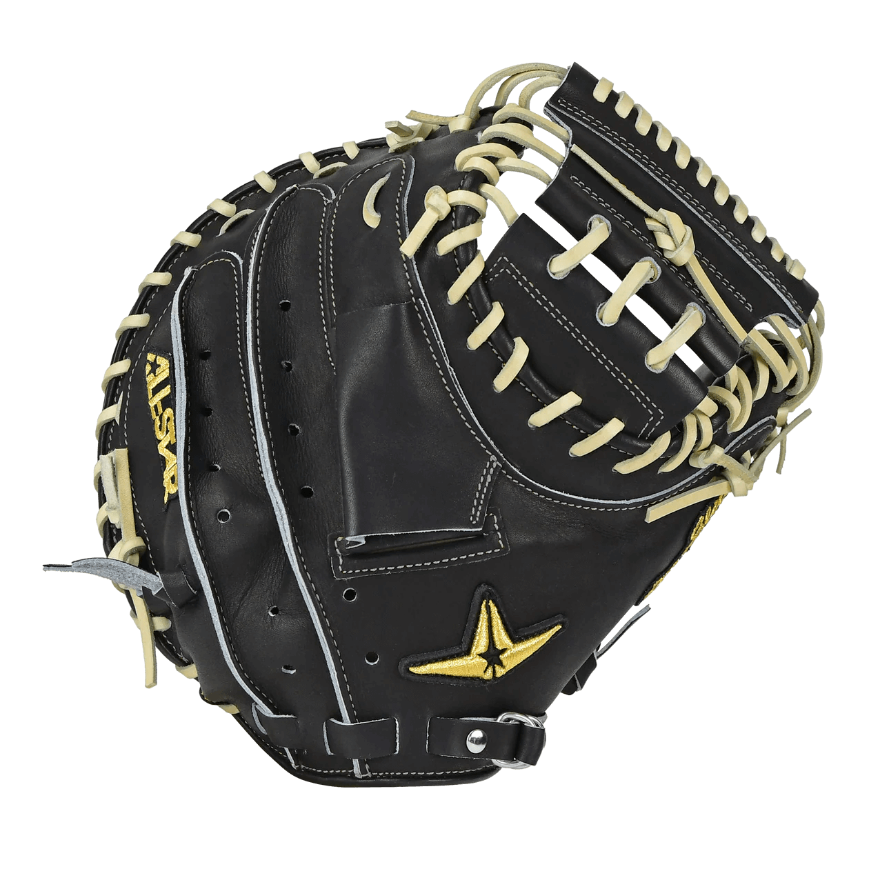 All-Star Pro-Elite Japan 34" Catchers Mitt Closed Back Black/Camel hero image with H-web detail and black body.