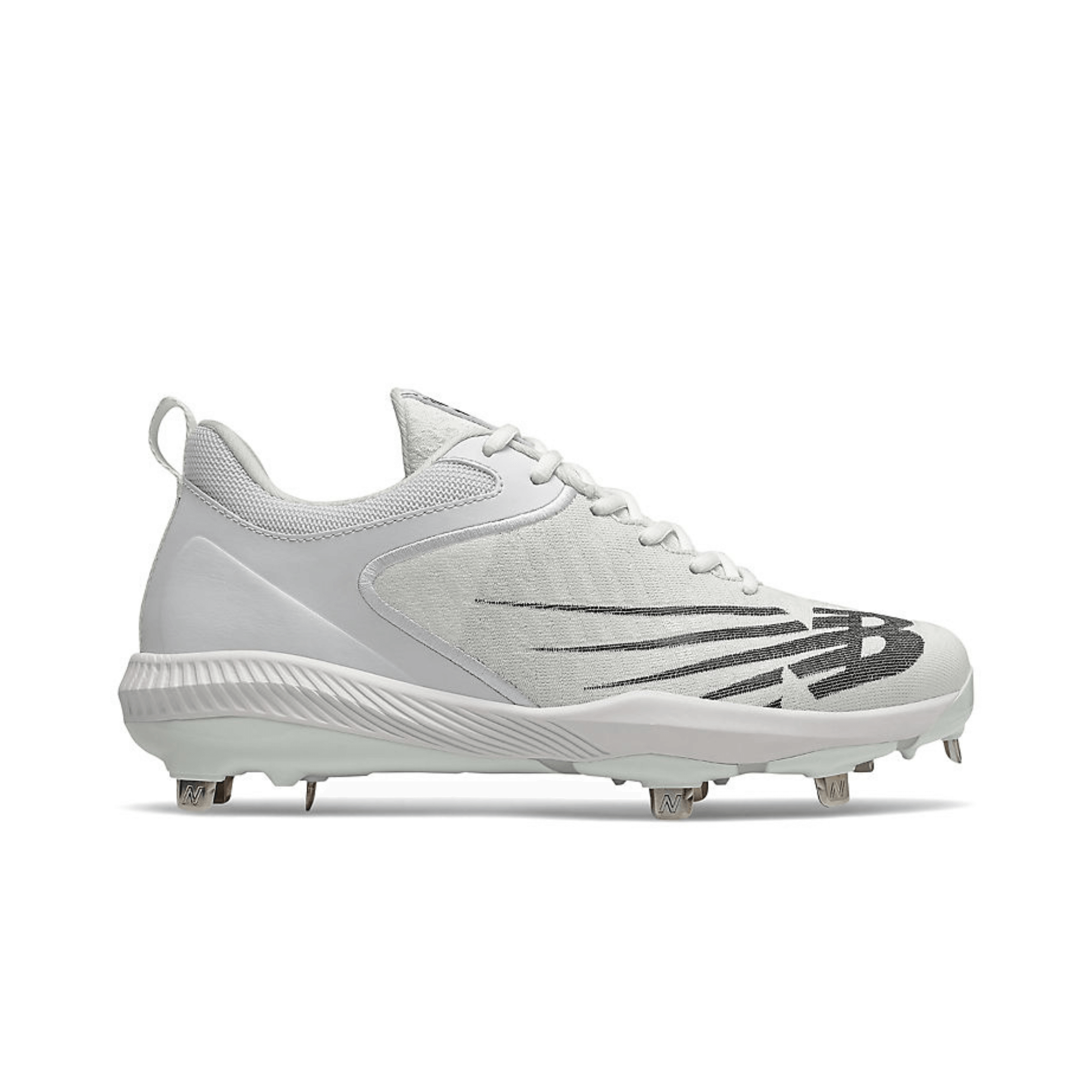 New Balance FuelCell 4040v6 White metal cleat for baseball, featuring durable Fit Weave upper and low-cut design.