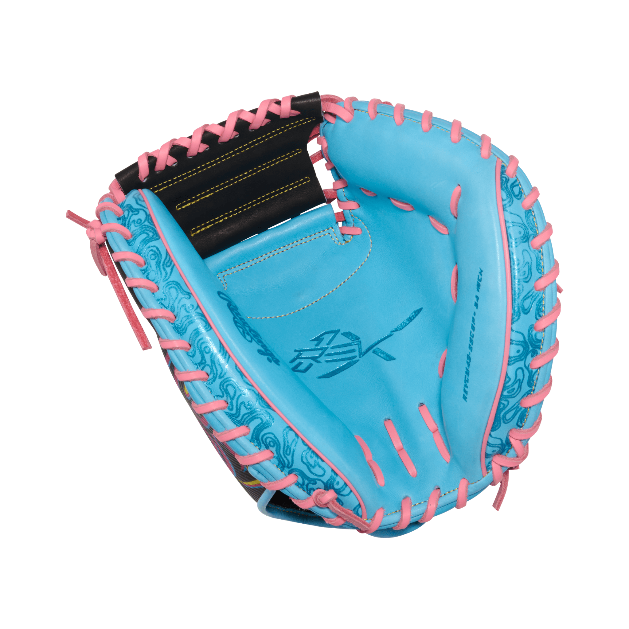 Palm view of Rawlings REV1X 34" Catcher's Mitt in Columbia Blue.
