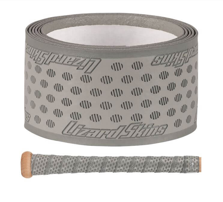 Lizard Skins DSP Ultra Bat Grip - 0.5 mm with oval pattern, roll and wrapped on bat handle, grey color.