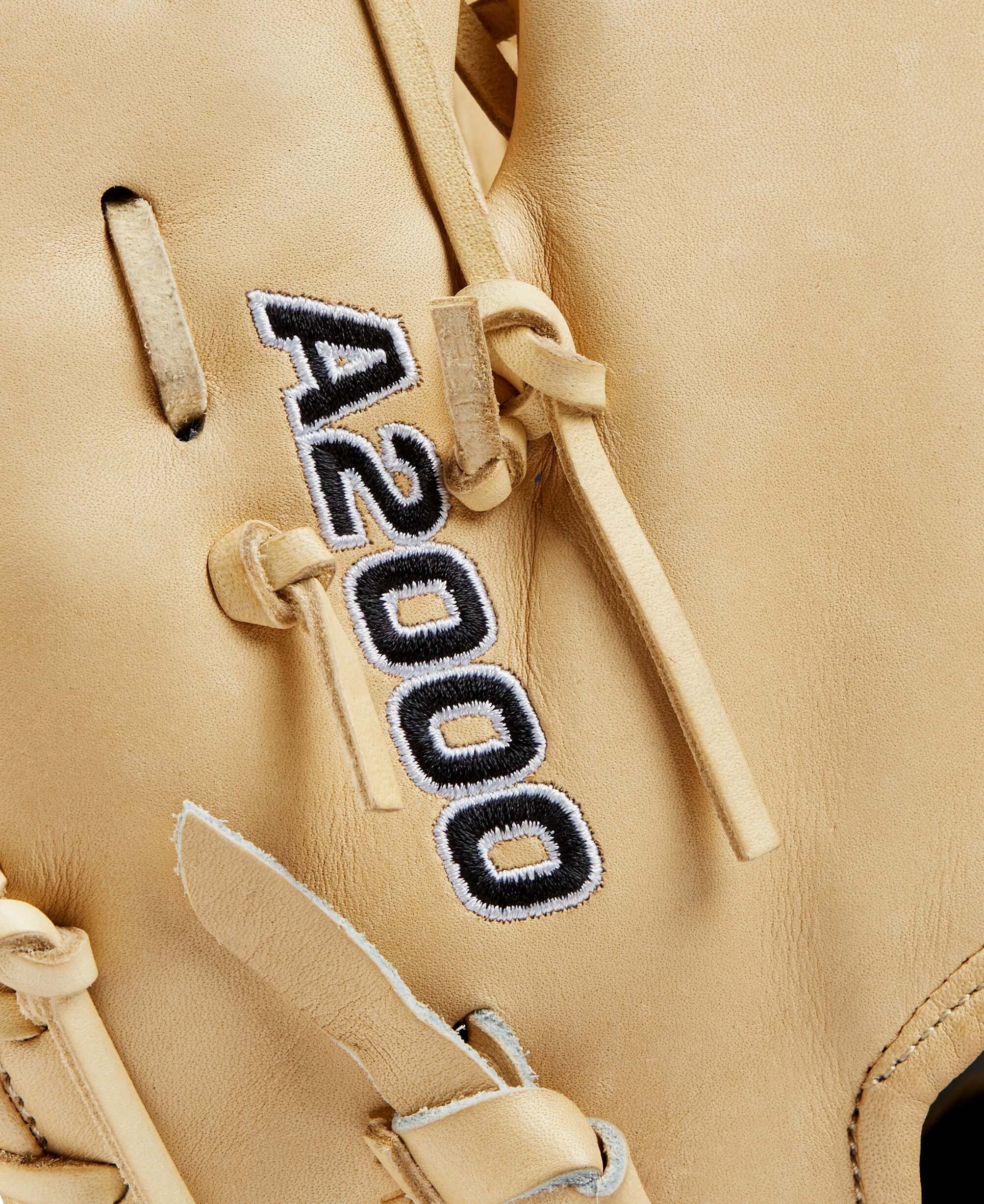 Close-up of Wilson A2000 glove label showcasing 'A2000' embroidery on a premium leather mitt.