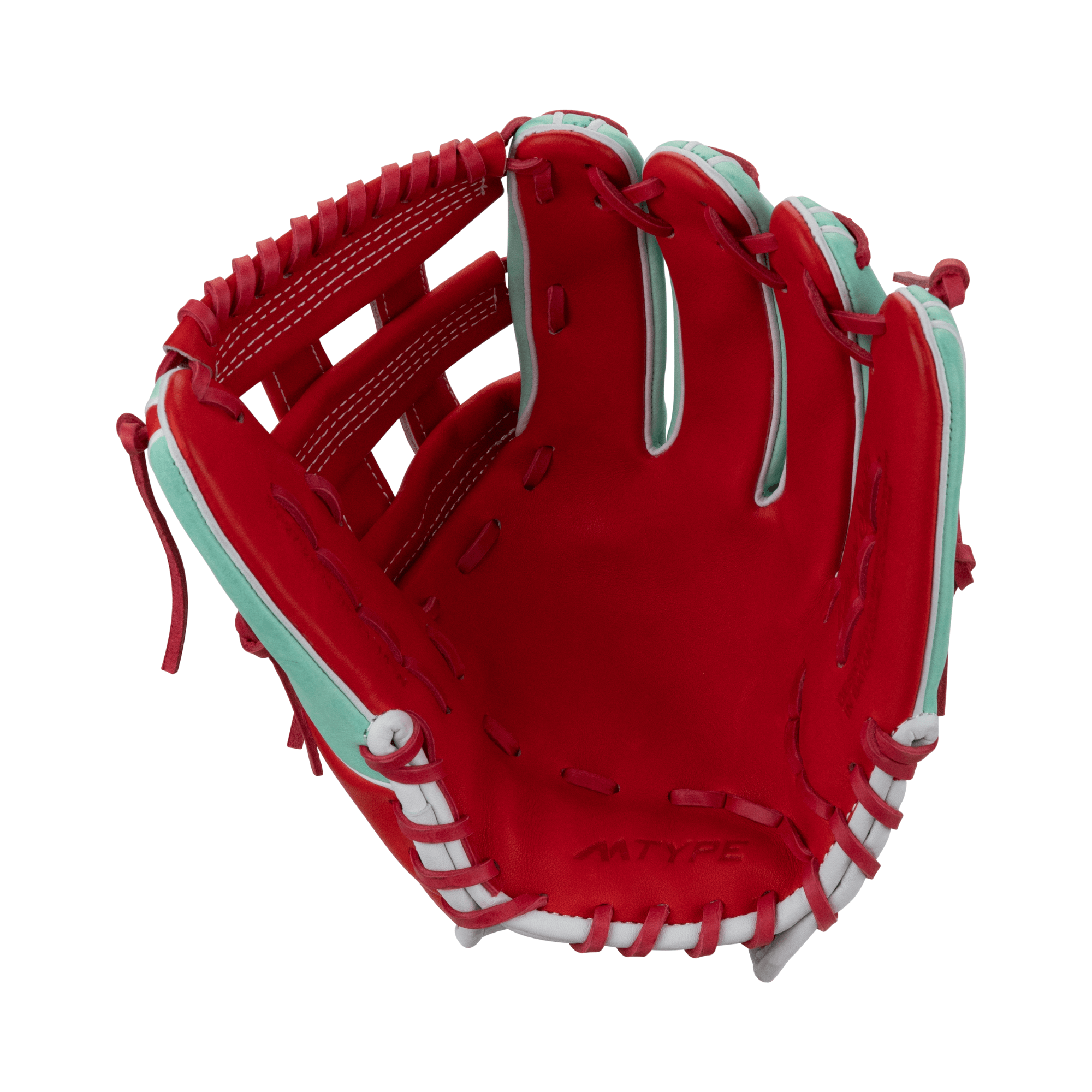 Marucci Capitol M Type 45A3 12.00 H Web glove in mint and red, featuring thumb and pinky sleeves for comfort.