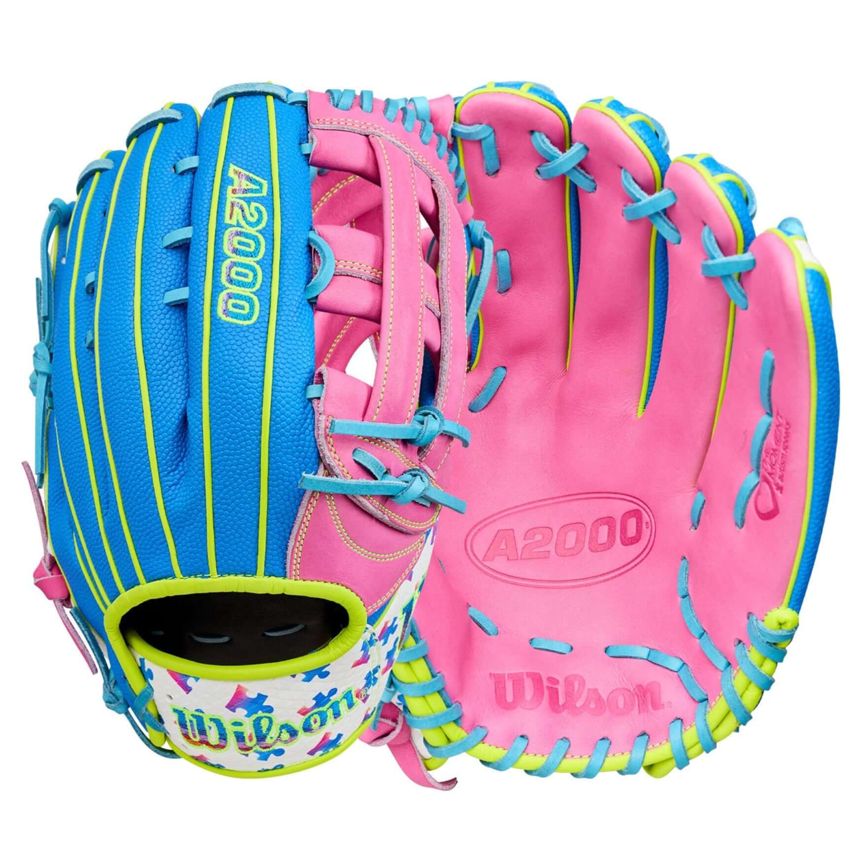 Wilson 2026 Love the Moment A2000 1777 12.75” baseball glove, pink and blue, palm and backhand view, I-web design