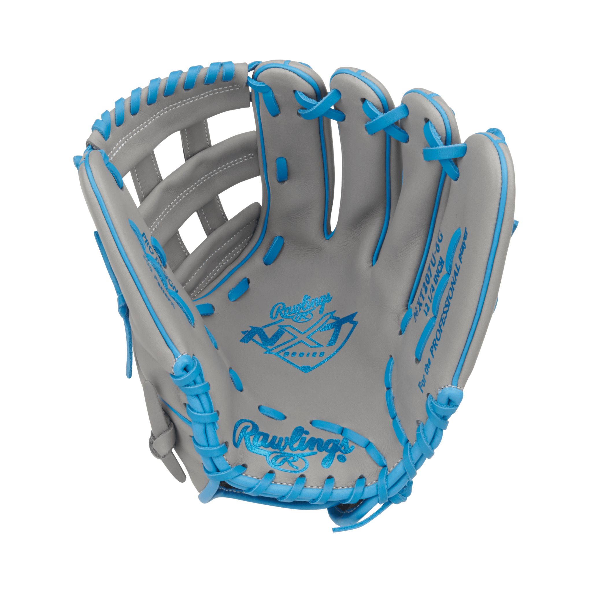 Palm view of Rawlings NXT Series 12.25" Gray/Columbia Blue glove with pro-soft leather and deep pocket