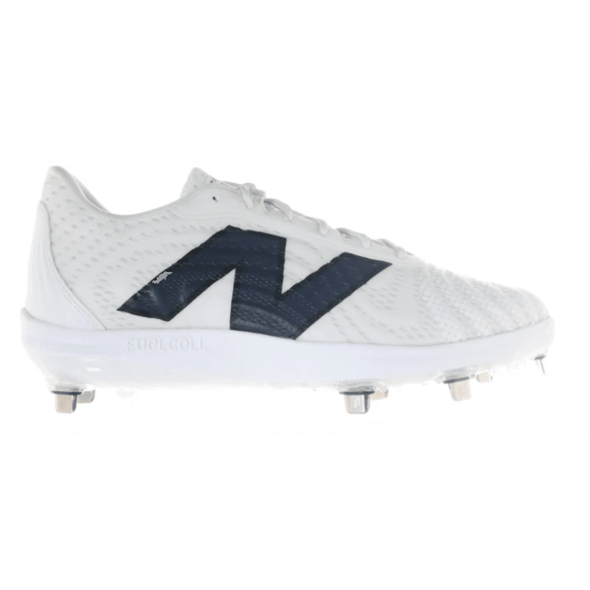 New Balance Fuel Cell 4040v7 Armed Forces Day white baseball cleat with navy accents and seven spikes.