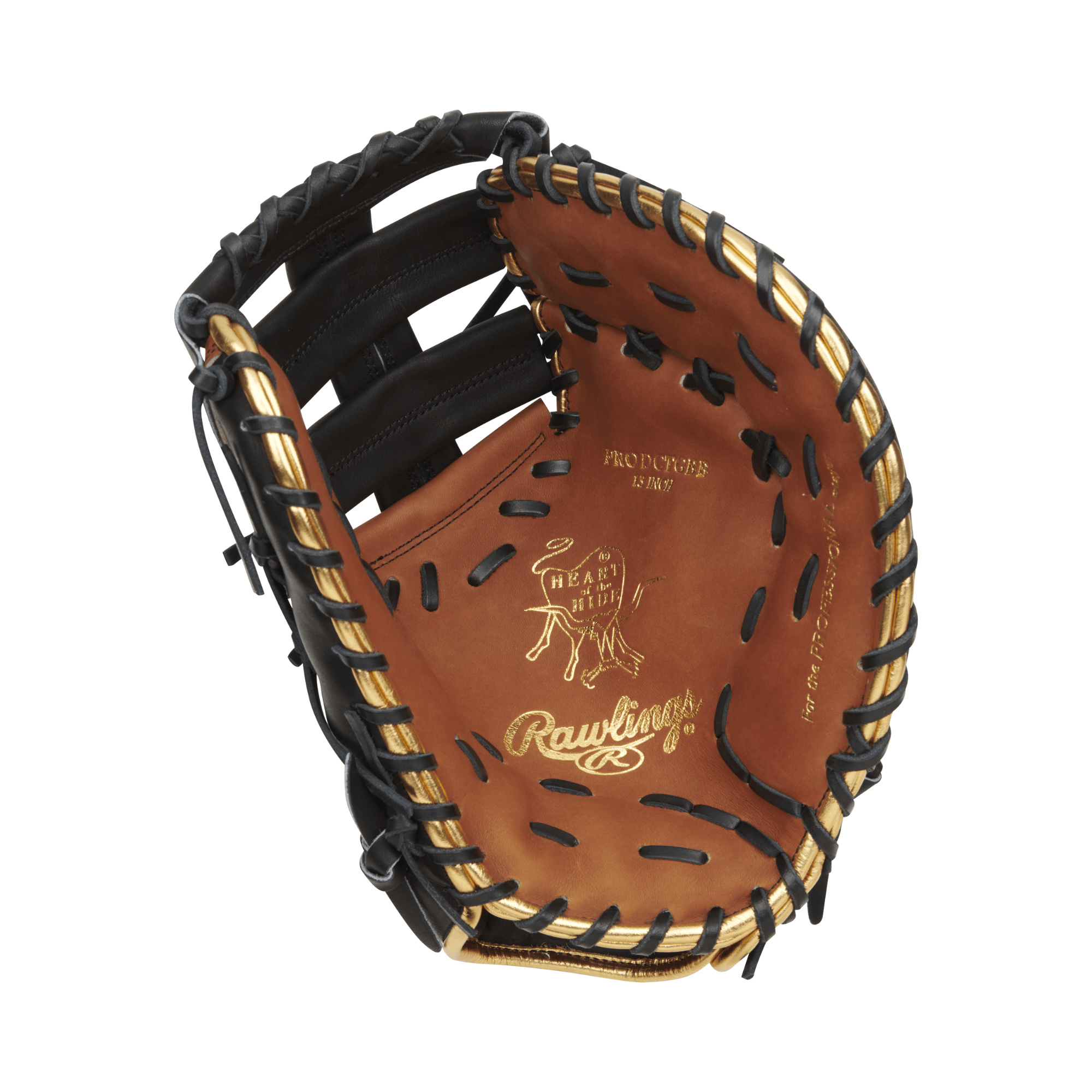 Rawlings Heart Of The Hide Color Sync 8.0 13" first base mitt with gold binding, showcasing premium leather interior.
