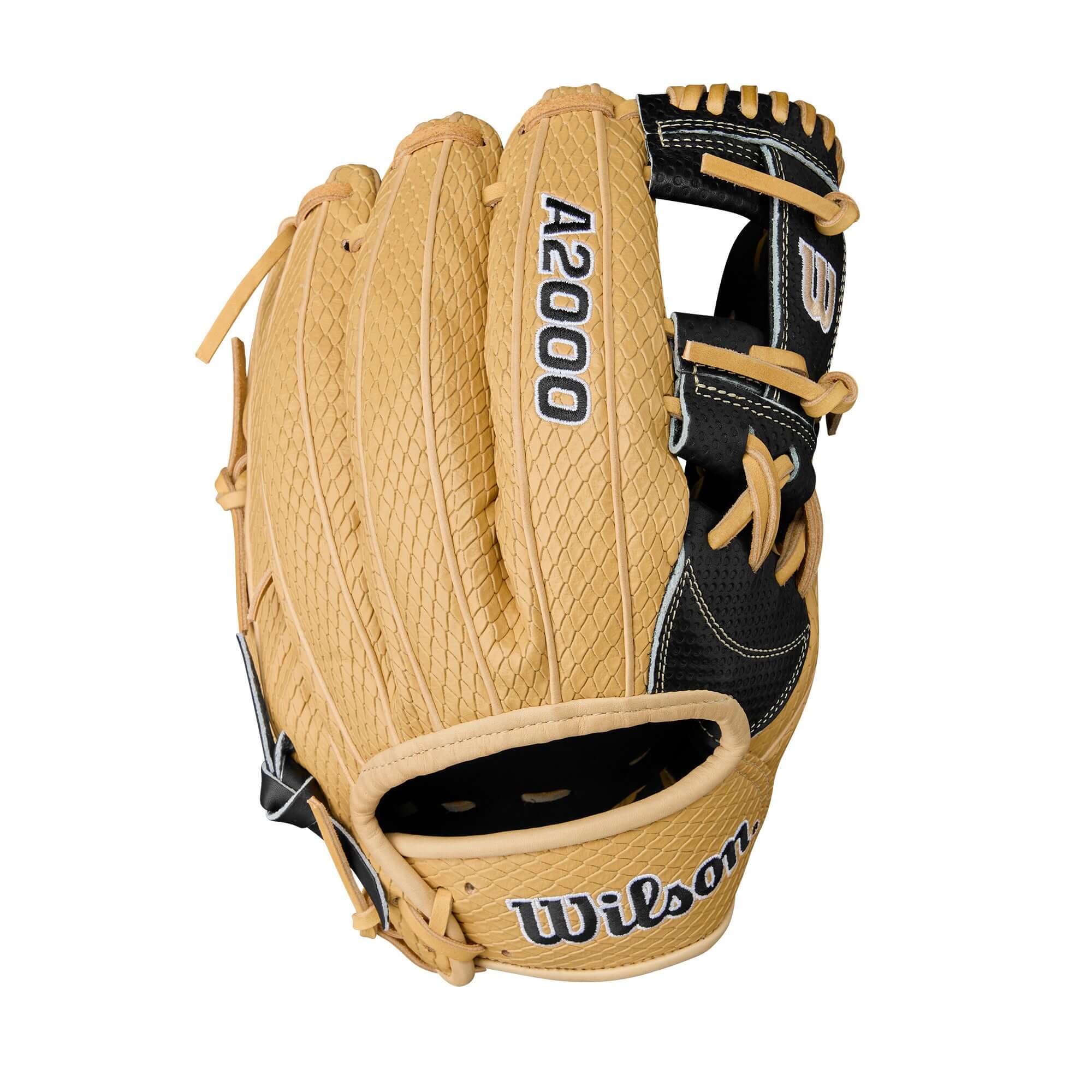 Back view of the Wilson A2000 KBH13 highlighting Black Pro Stock® leather with Blonde SuperSnakeSkin™ and bold Wilson logos