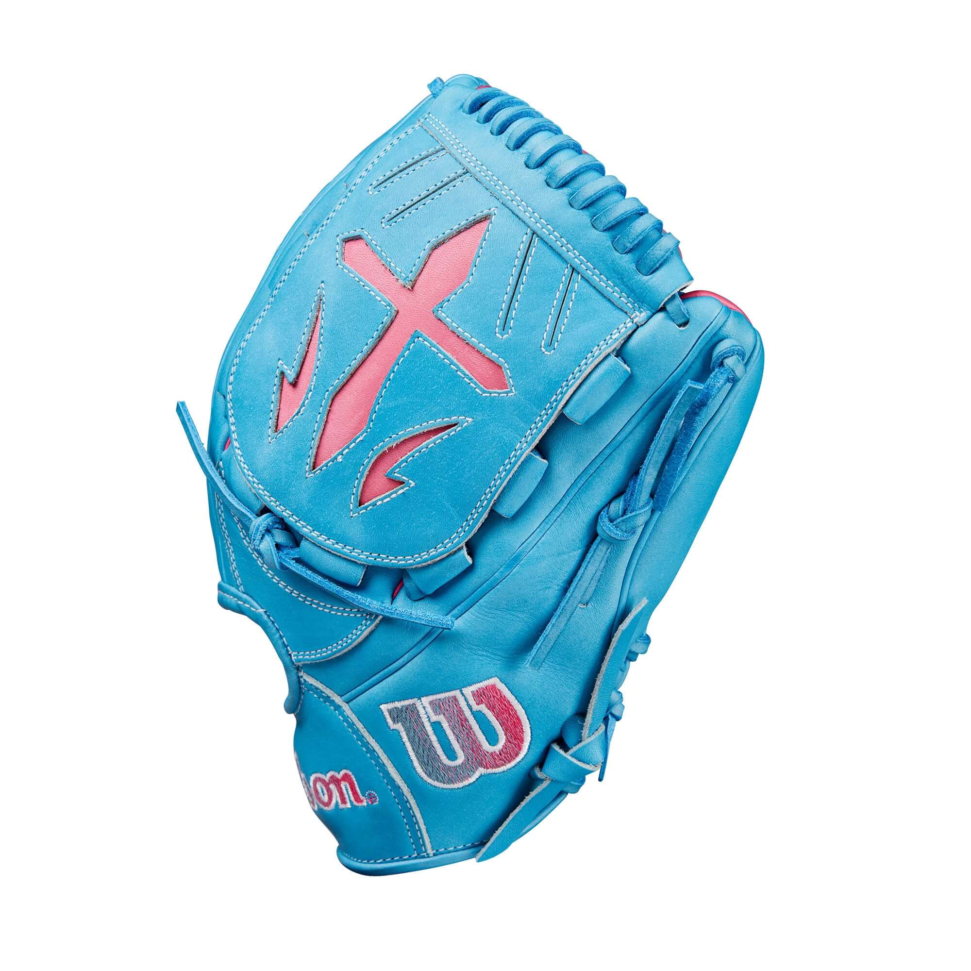 Wilson A2000 B23 Glove of the Month in Sky Blue and Flamingo Pink, featuring Swordsman Web design and modified wrist strap.