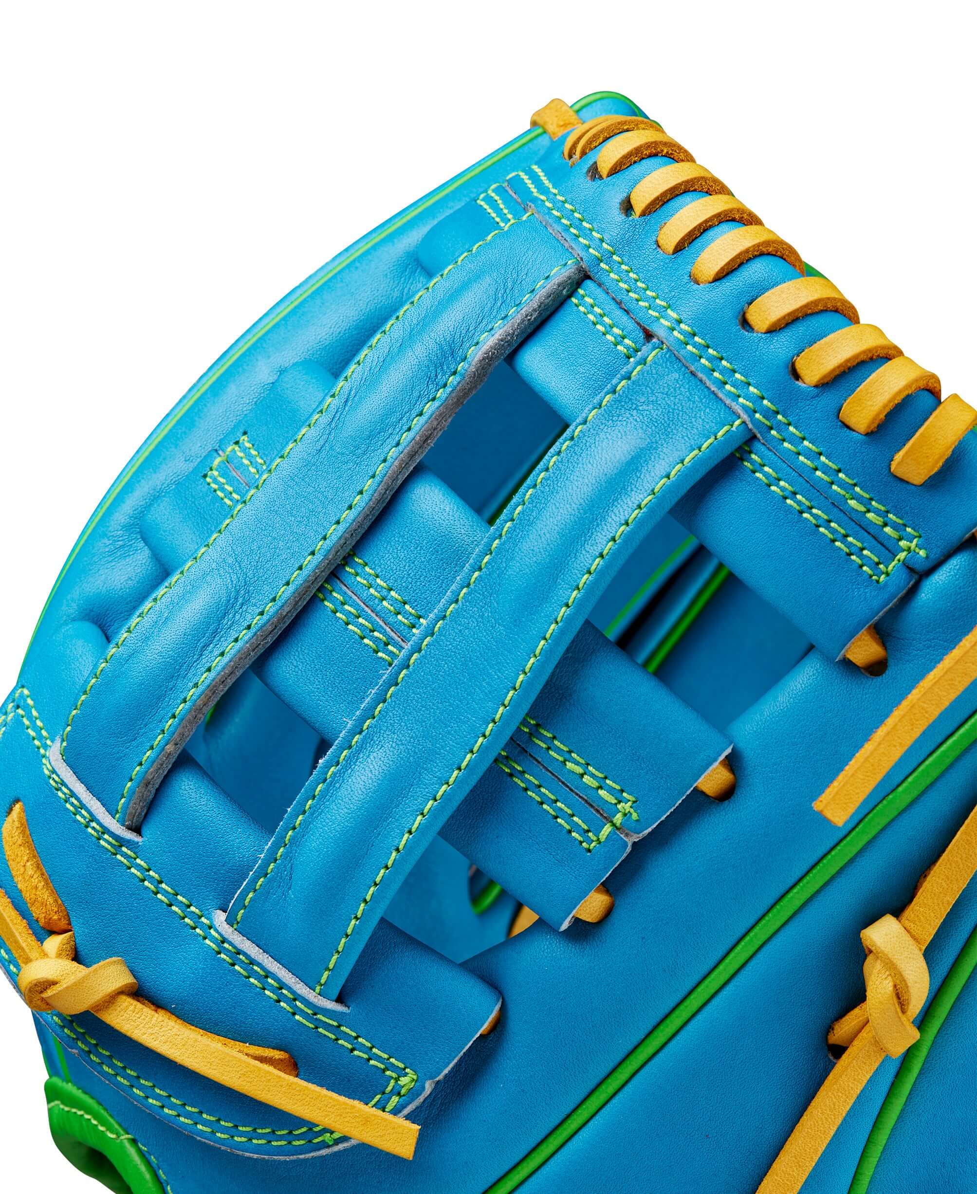 Wilson A2000 PP05 SkyBlue/Opt glove with vibrant stitching detail, perfect for Spring 2025 baseball season.