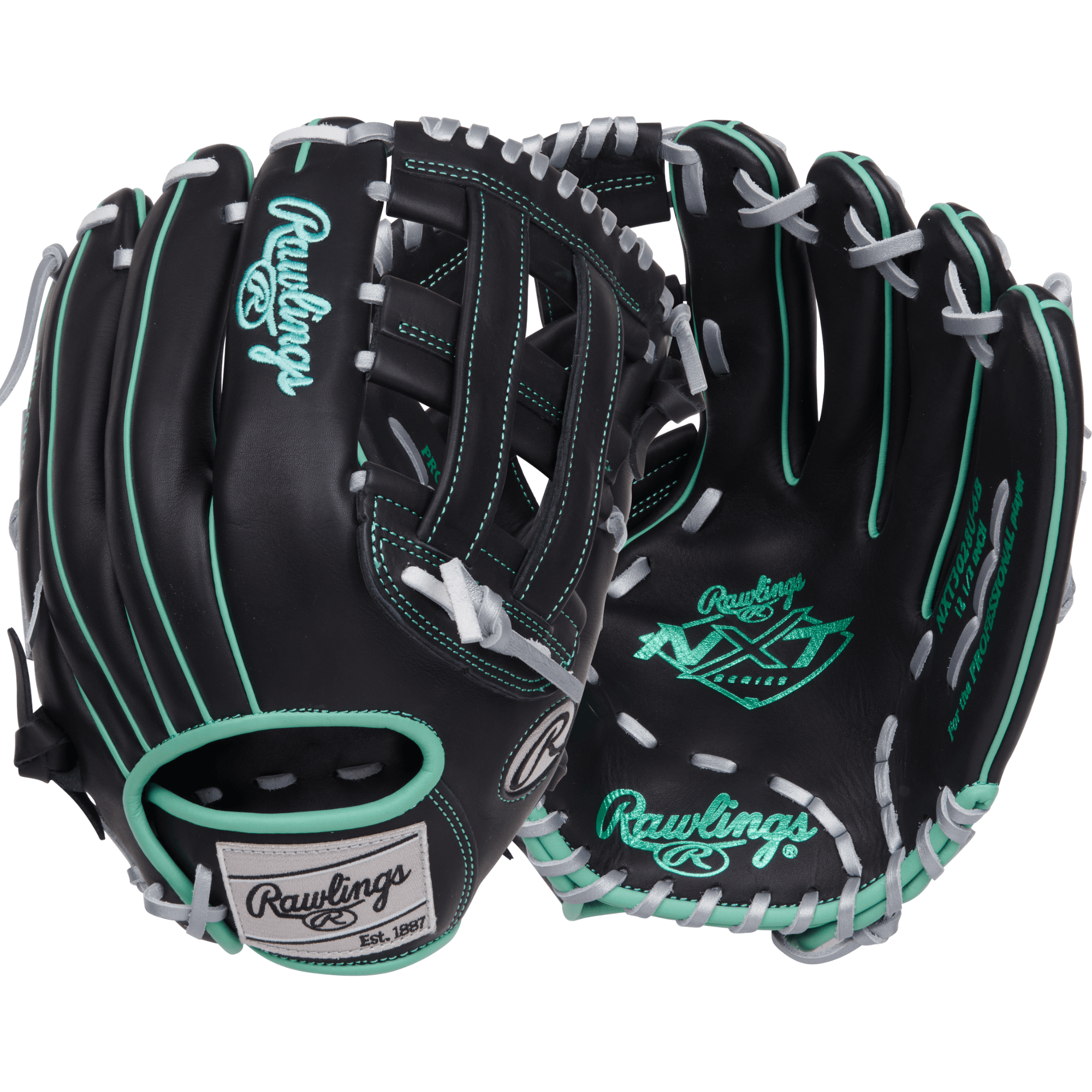 Rawlings NXT Series 12.5" Contour Fit Outfield Baseball Glove in black and teal with pro-H web design.
