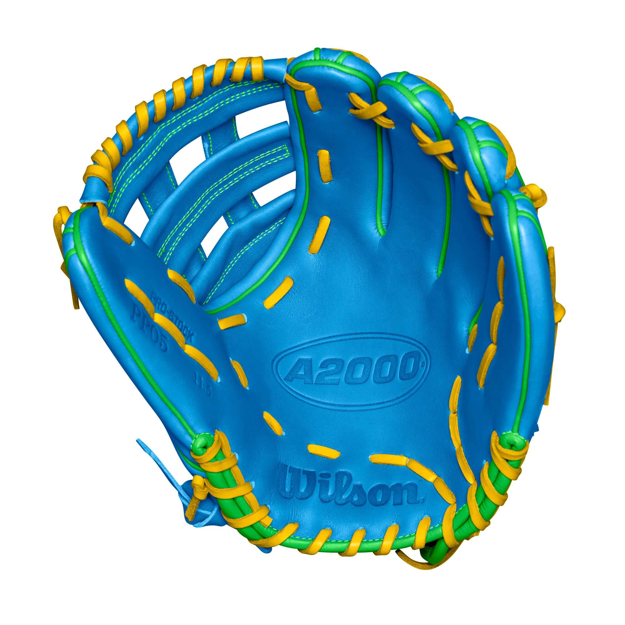 Wilson A2000 PP05 SkyBlue/Opt baseball glove with vibrant yellow stitching, 11.5 inches, perfect for players in Spring 2025.