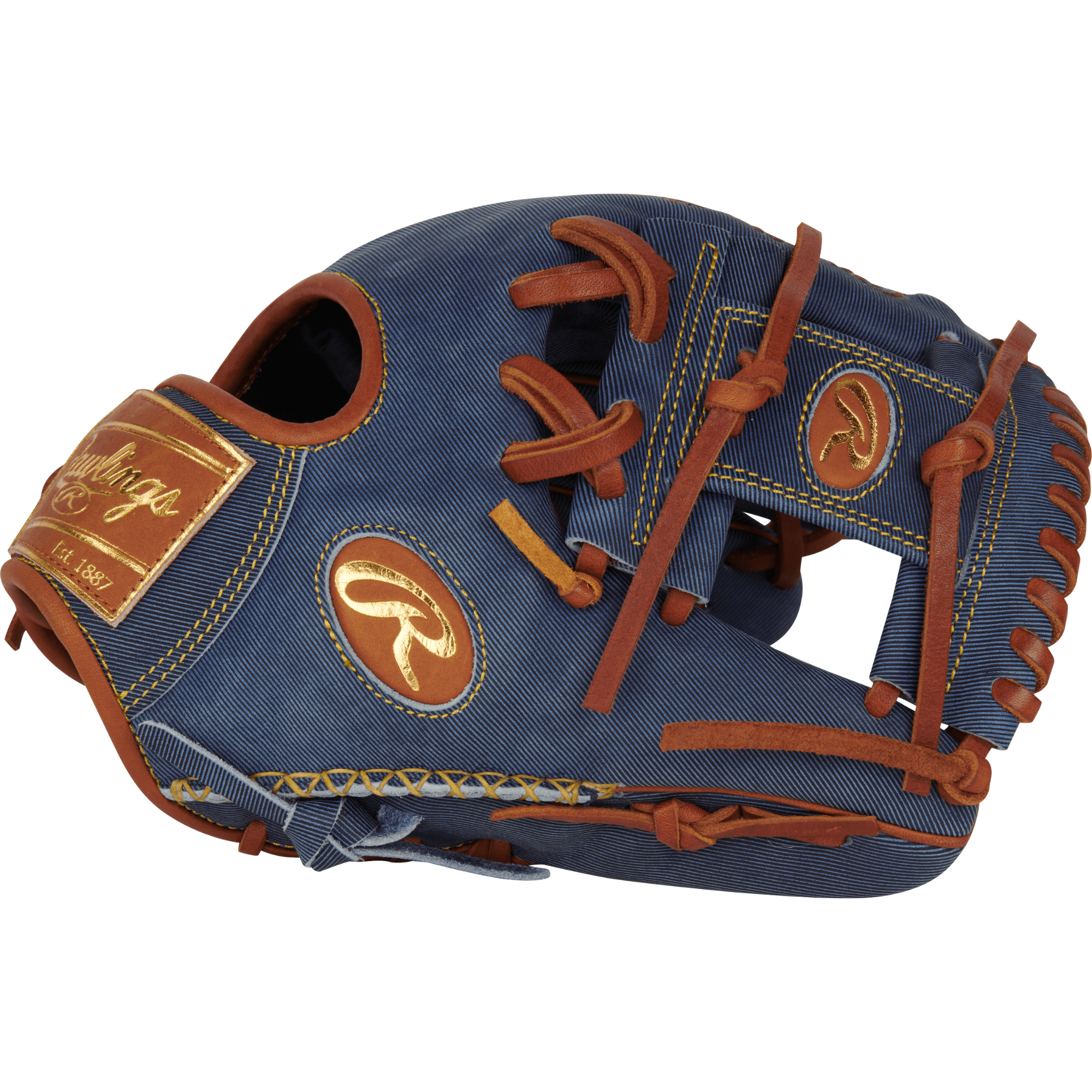 Rawlings Heart of the Hide Pro Label Denim Edition Infield Glove 11.5" RHT, featuring denim finish and rich brown stitching.