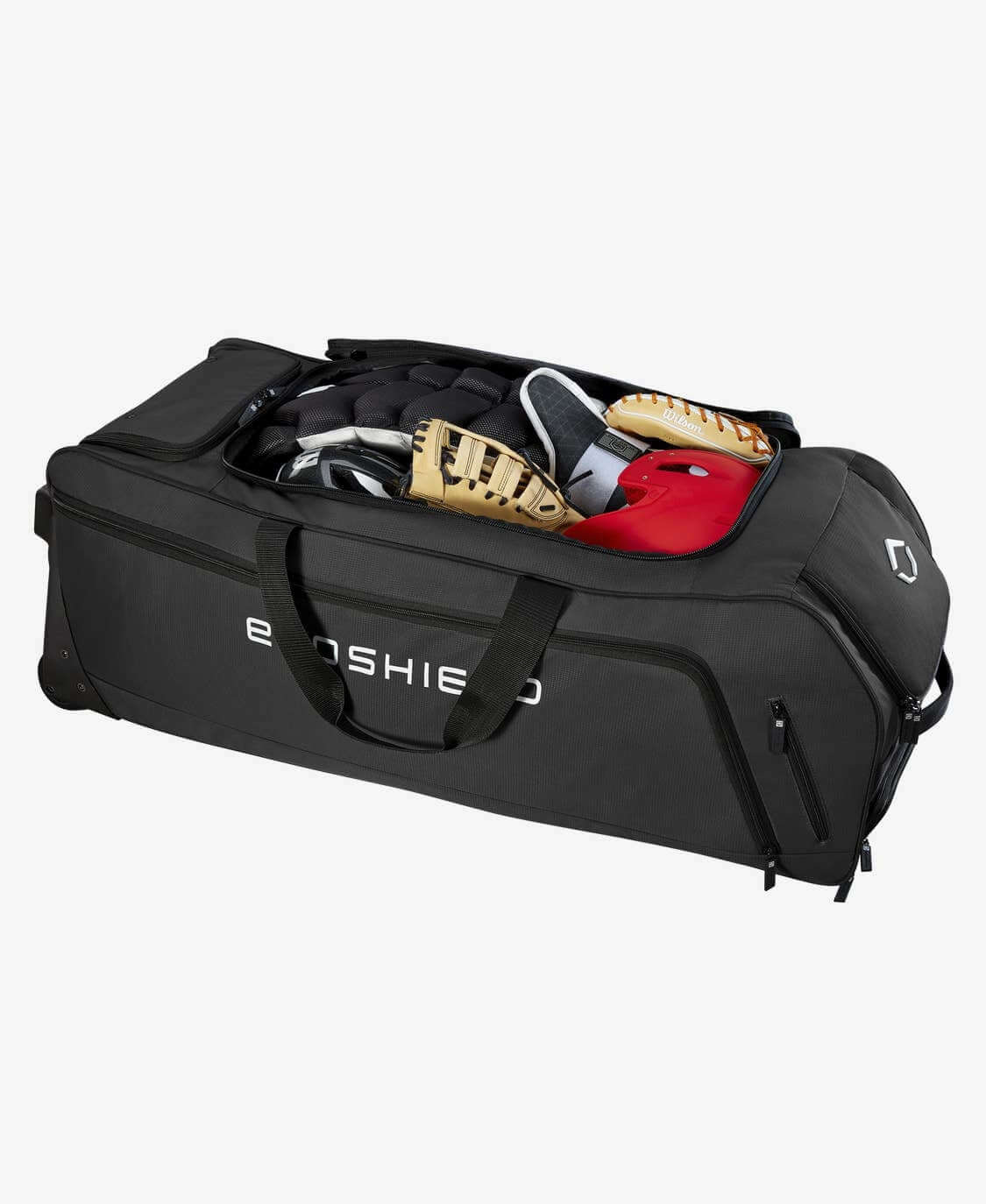 Evoshield Stonewall Wheeled Bag Main compartment fits full catcher's gear and batting helmet.