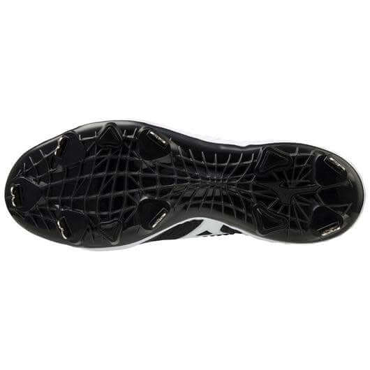 Mizuno Dominant Knit Men's Metal Baseball Cleat in Black/White with full knit upper and C-Flex Outsole.