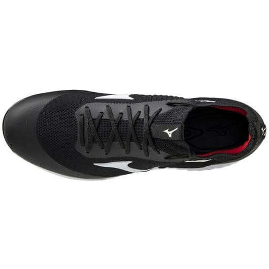 Mizuno Dominant Knit Men's Metal Baseball Cleat in Black/White with full knit upper and C-Flex Outsole.