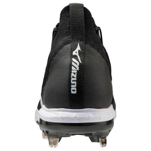 Mizuno Dominant Knit Men's Metal Baseball Cleat in Black/White with full knit upper and C-Flex Outsole.