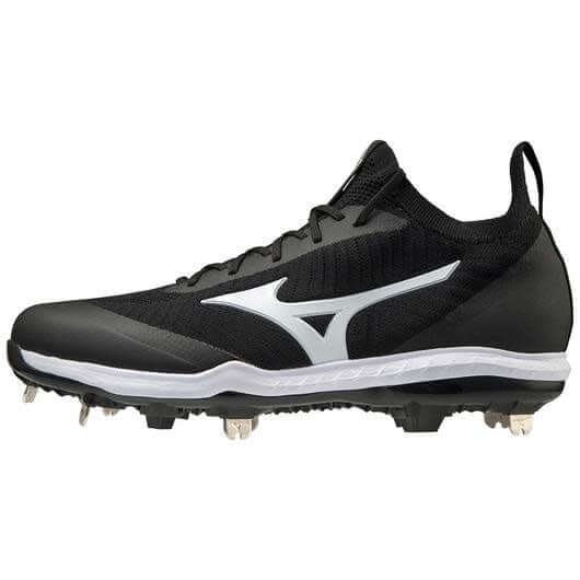 Mizuno Dominant Knit Men's Metal Baseball Cleat in Black/White with full knit upper and C-Flex Outsole.