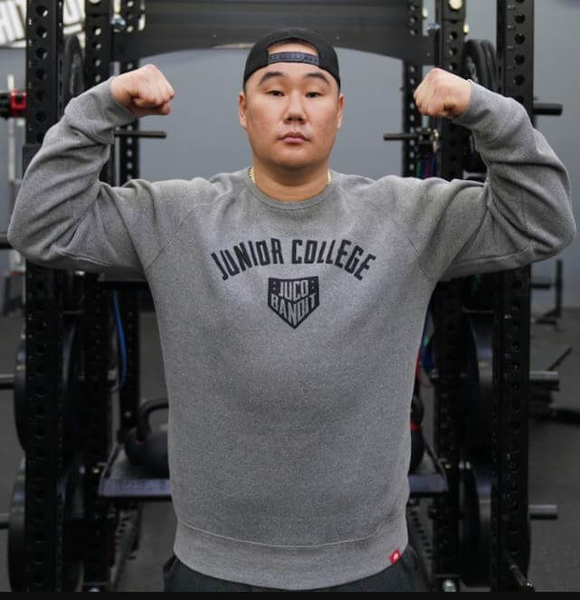 Grey Juco Bandit Junior College Crewneck with Sportiqe branding on sleeve