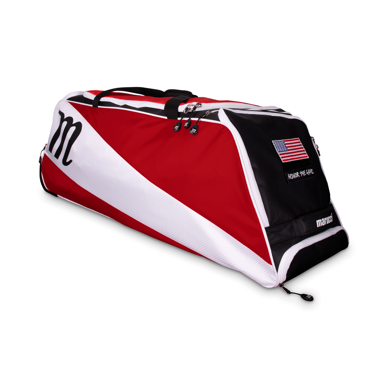 Marucci Wheeled Utility Bag with extra-large main compartment and Honor The Game and USA Flag removable patches.
