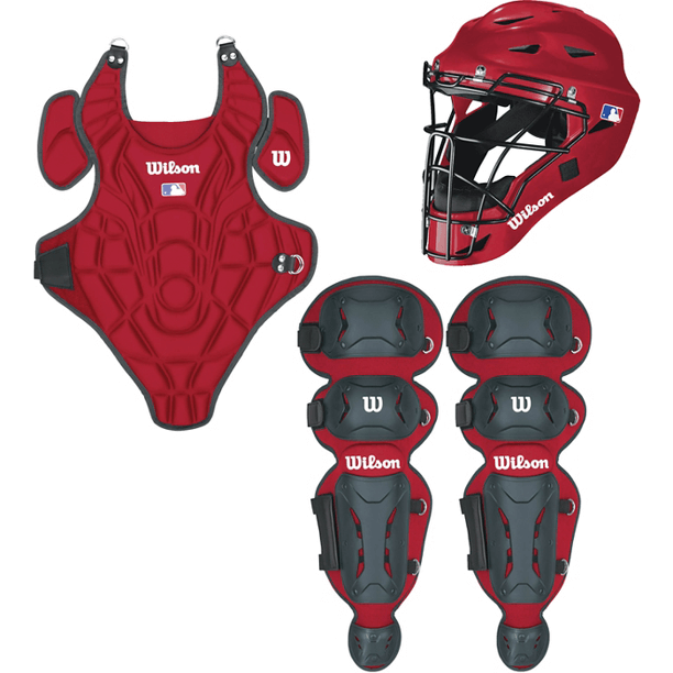 Wilson EZ Gear Kit L/XL Scarlet with helmet, chest protector, and leg guards for youth baseball players.