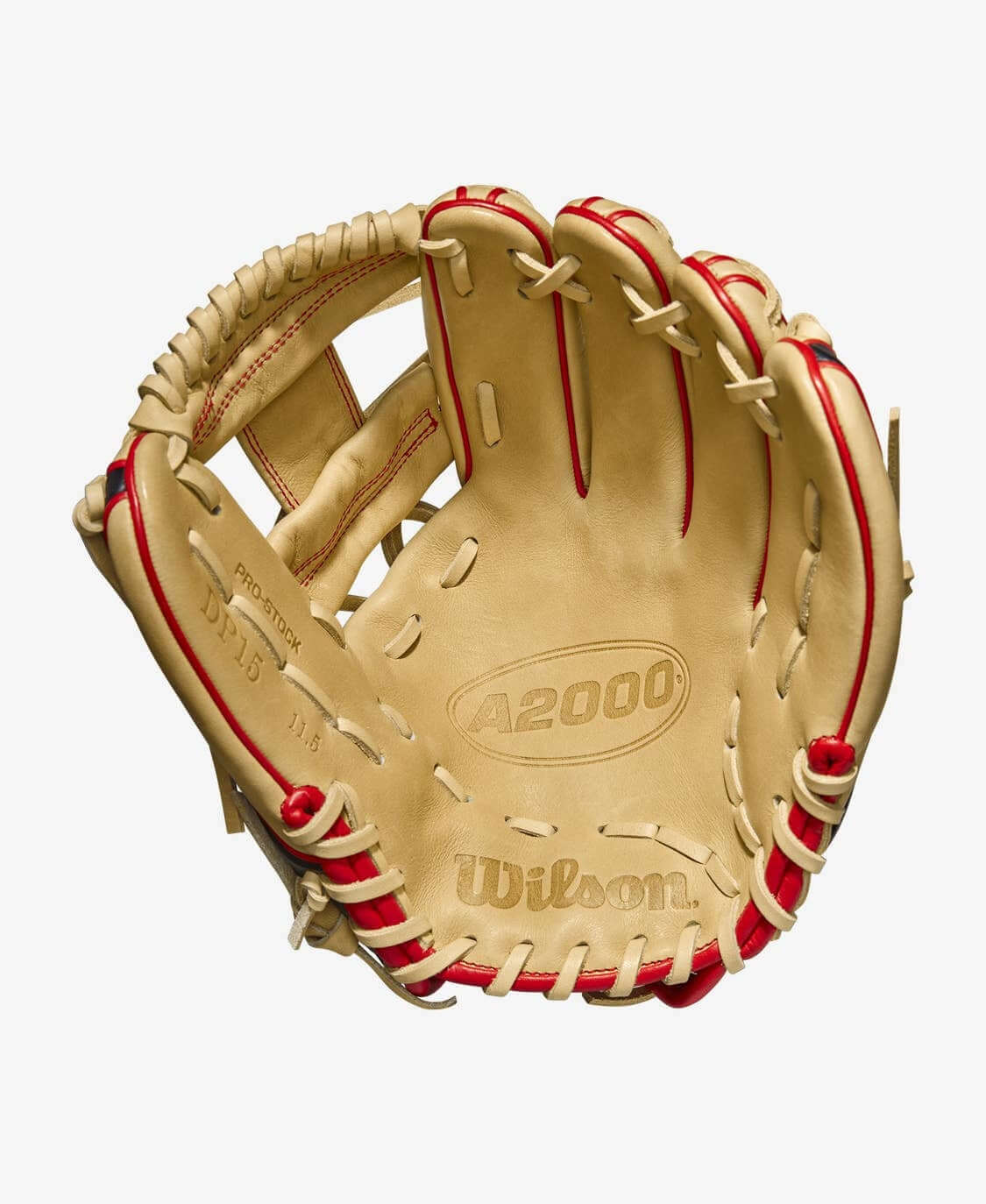 Wilson A2000 DP15 11.5 Glove with H-Web for quick transfers, Blonde/Black/Red.