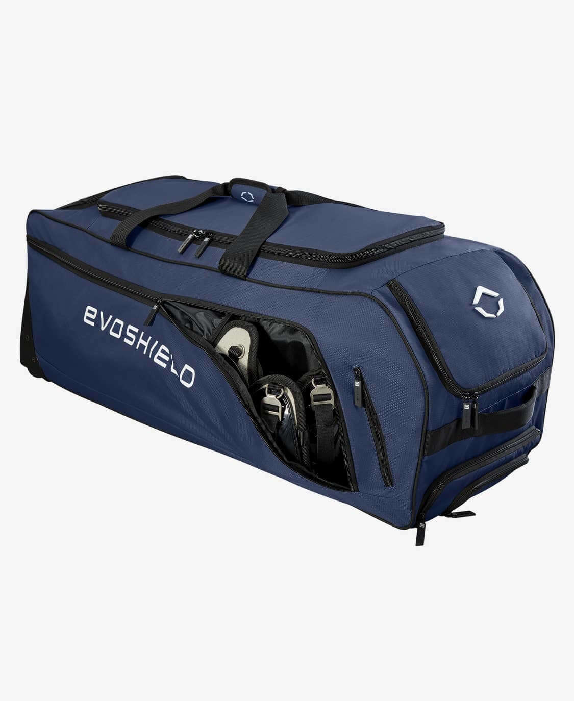 Evoshield Stonewall Wheeled Bag Main compartment fits full catcher's gear and batting helmet.