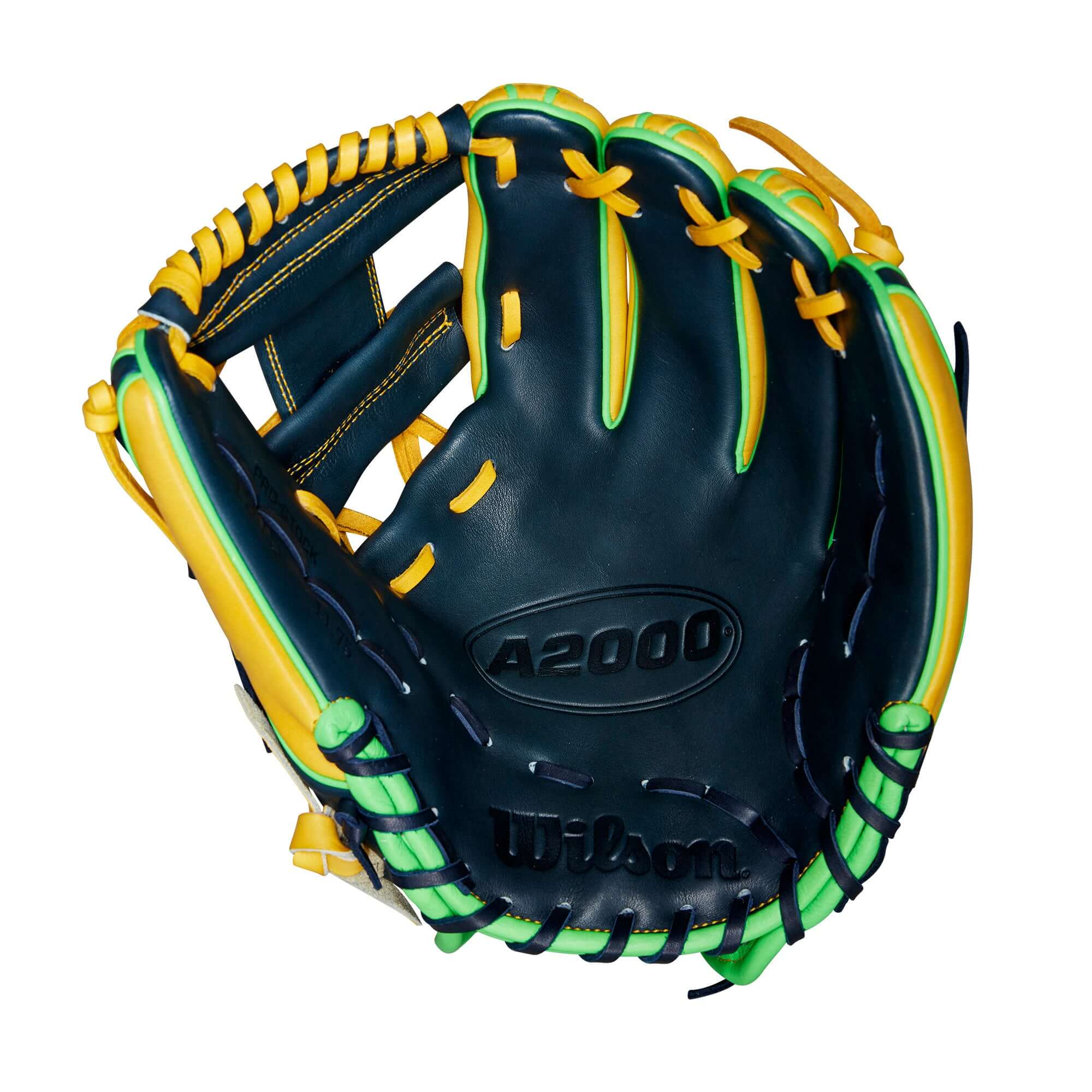 Wilson A2000 GOTM March 2023 Glove: 11.75 with Yellow, Navy Blue, and Neon Green Leather