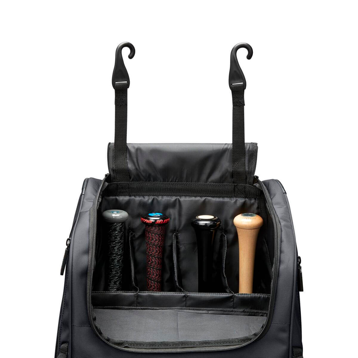 Evoshield Standout Wheeled Bag with large main compartment and four padded bat sleeves