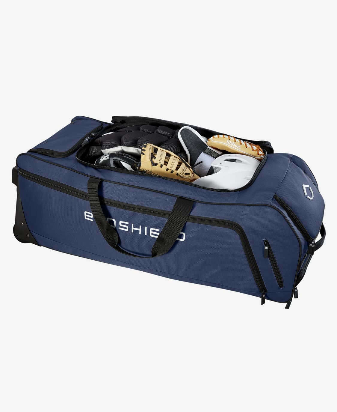 Evoshield Stonewall Wheeled Bag Main compartment fits full catcher's gear and batting helmet.