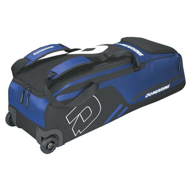 Wilson Demarini Momentum Wheeled Bag Royal with rugged wheels and large main compartment for helmet, glove, and gear.
