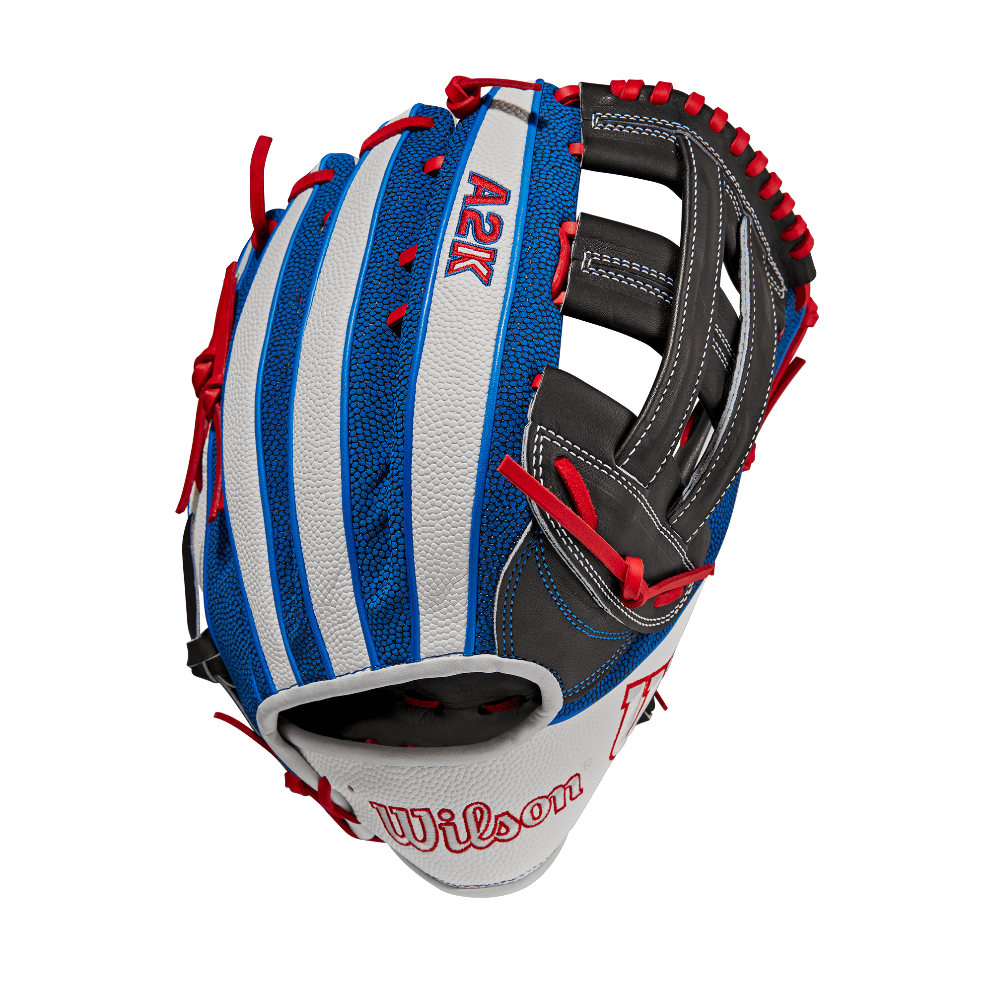 Wilson A2K Mookie Betts 12.5 outfield glove, Black/White/Royal/Red, Pro Stock Leather, Dual Post Web.
