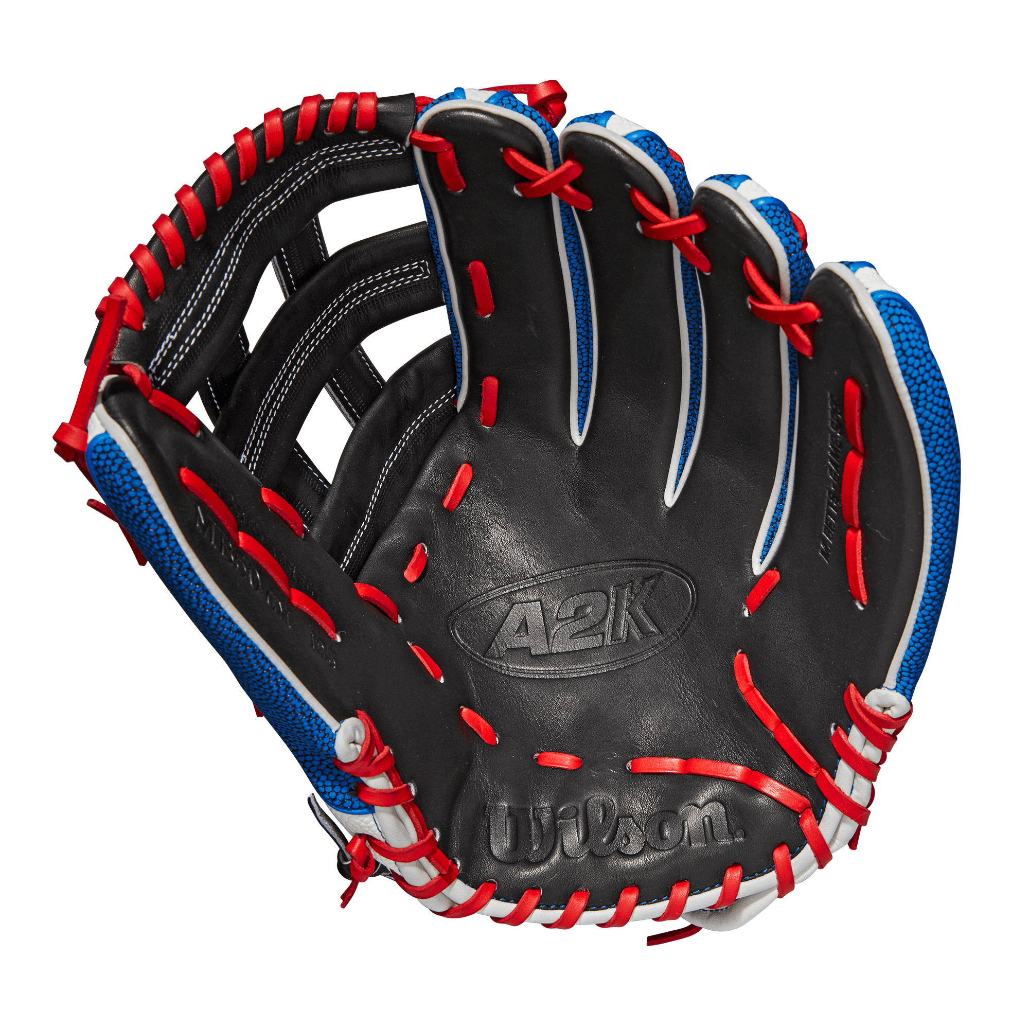 Wilson A2K Mookie Betts 12.5 outfield glove, Black/White/Royal/Red, Pro Stock Leather, Dual Post Web.