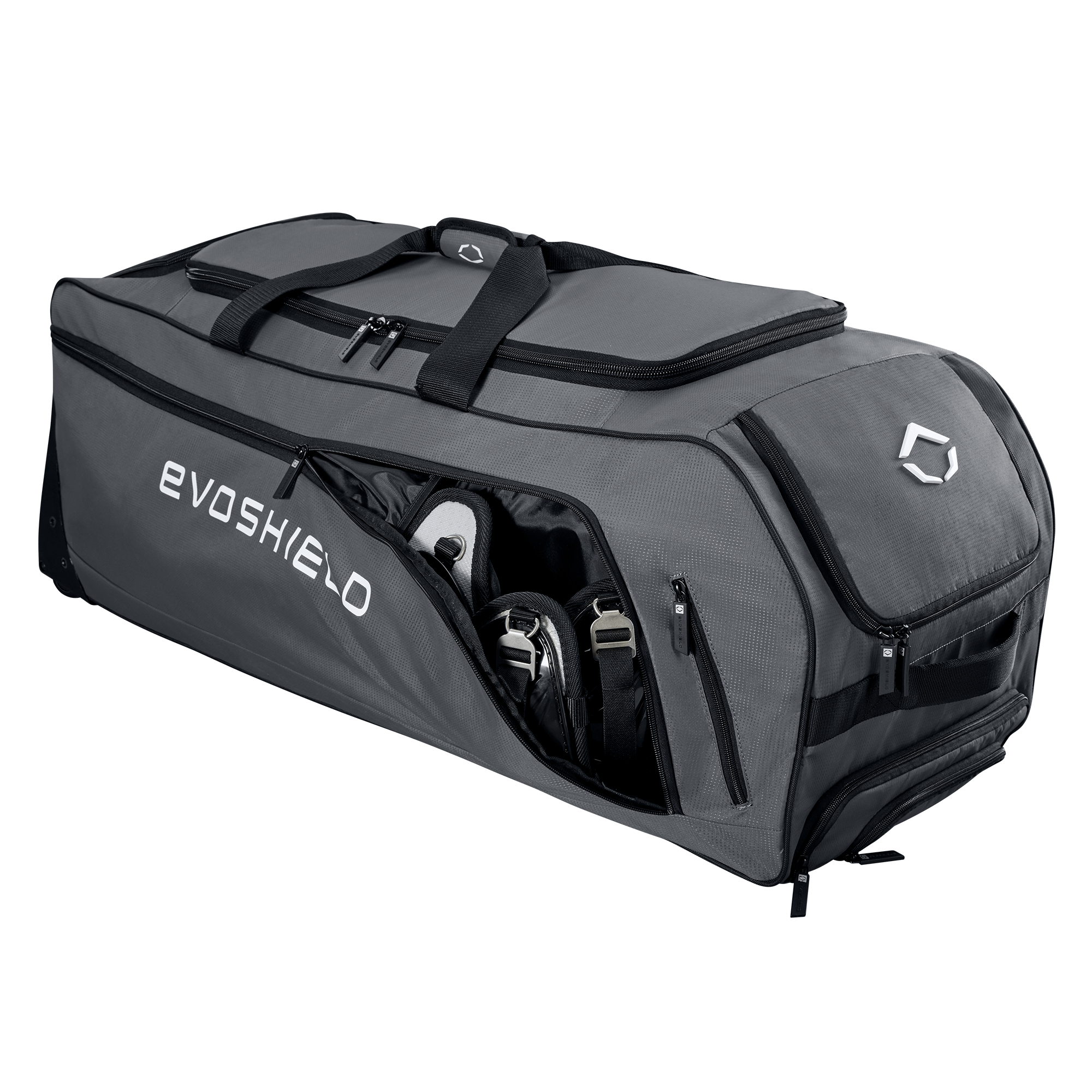 Evoshield Stonewall Wheeled Bag Main compartment fits full catcher's gear and batting helmet.