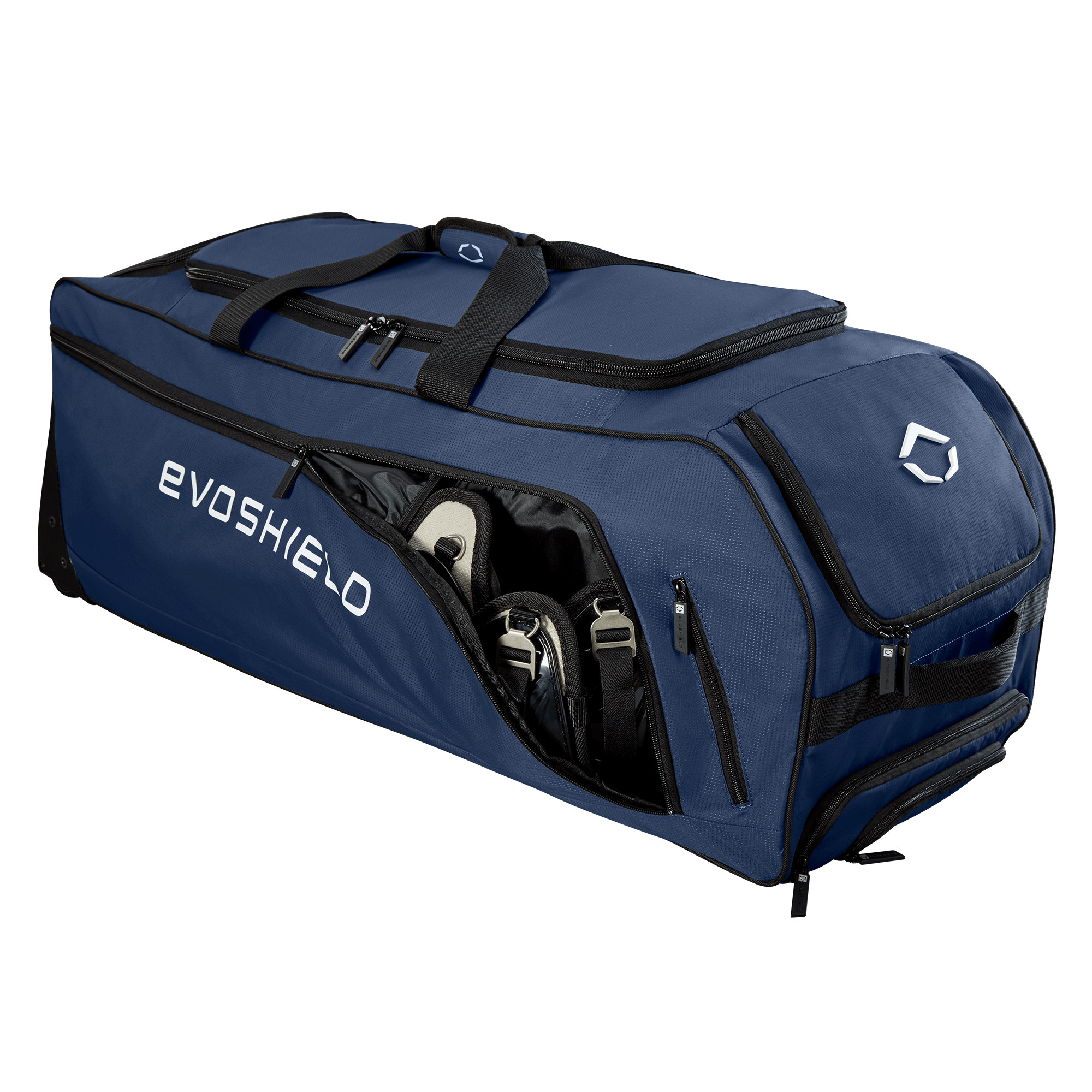 Evoshield Stonewall Wheeled Bag Main compartment fits full catcher's gear and batting helmet.