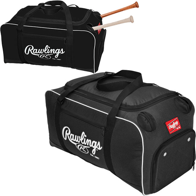Black Rawlings Covert Duffle Bag with 2 bat sleeves and ventilated shoe compartment