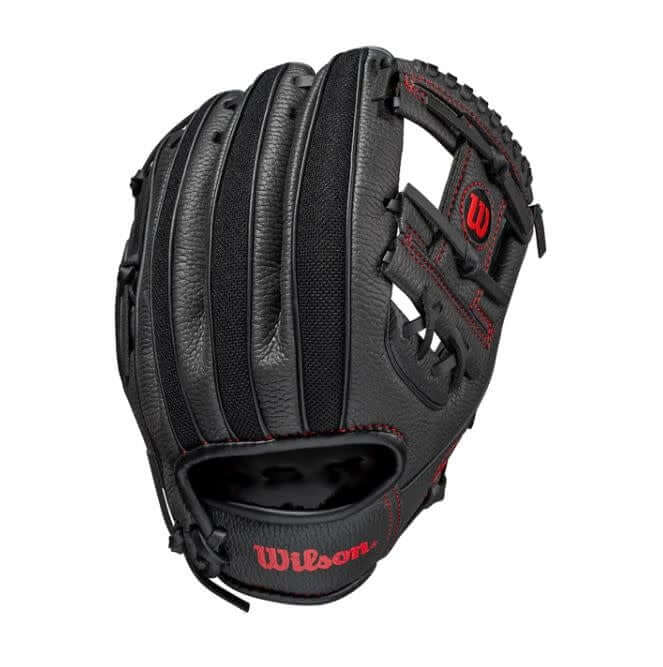 Wilson A200 10BR youth baseball glove, black and red, with smaller hand opening for improved fit.